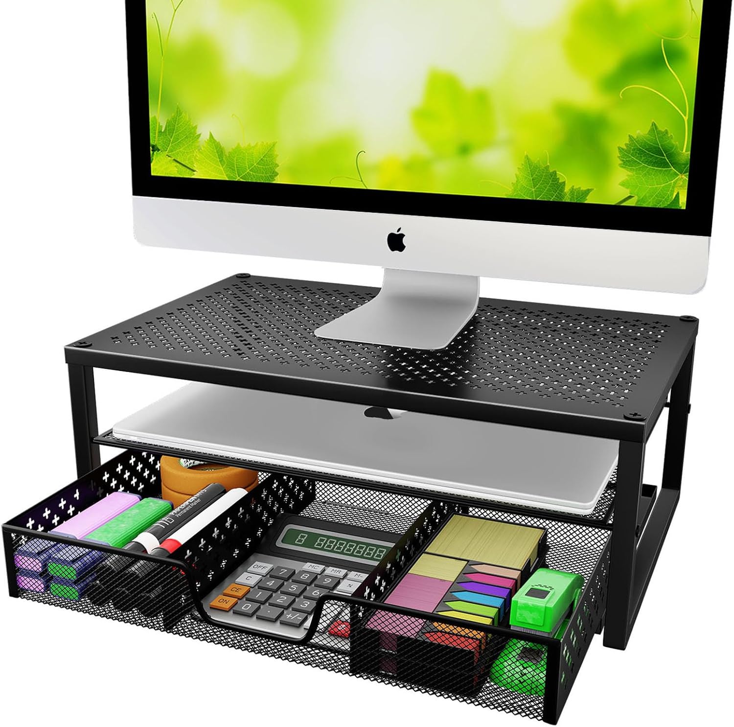 Simple Trending Metal Monitor Stand Riser and Computer Desk Organizer with Drawer for Laptop, Computer, iMac, Black - Image 2
