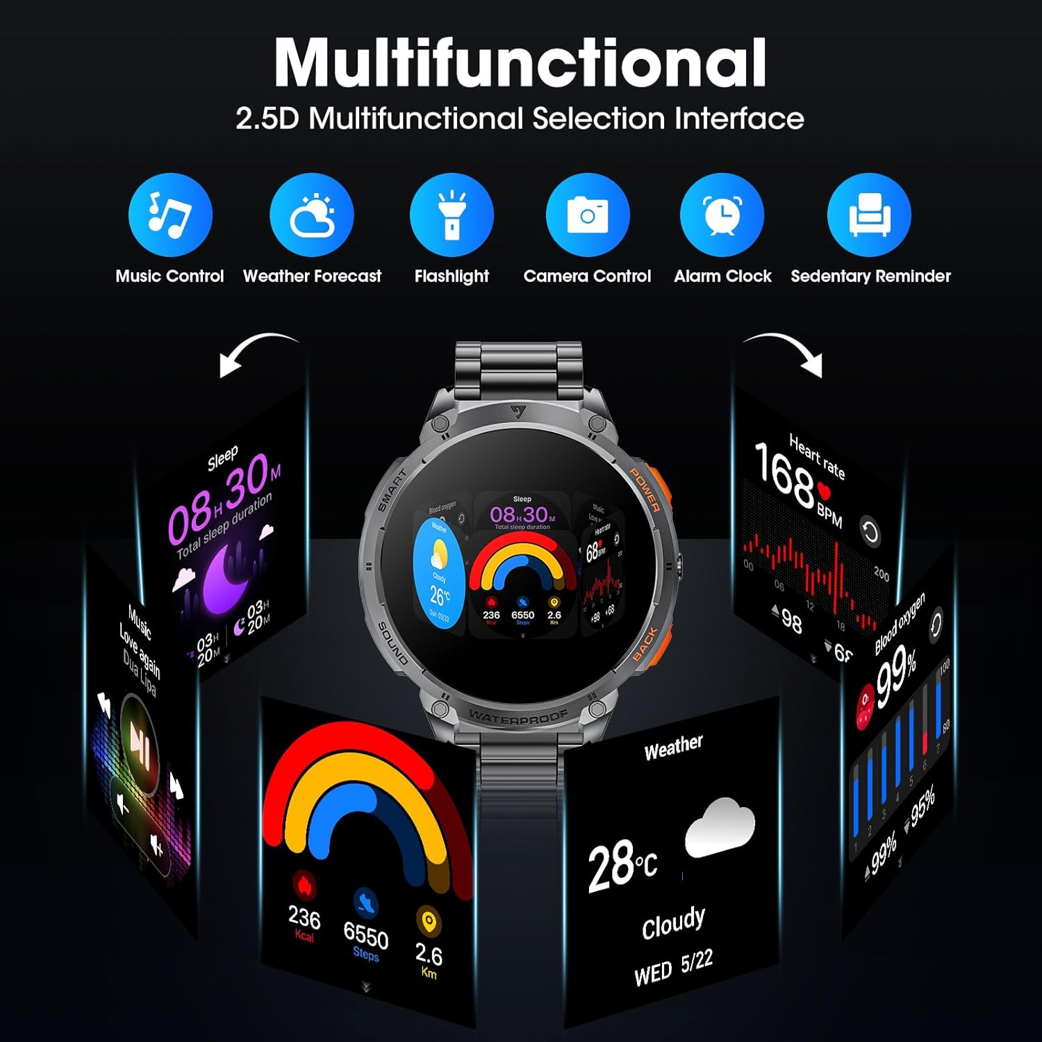 Military Smart Watch for Men 1.85" HD 730mAh Battery Smart Watches with LED Flashlight for Android iOS (Bluetooth Call Answer/Dial Calls) Fitness Tracker with Heart Rate Blood Black Steel Strip - Image 5