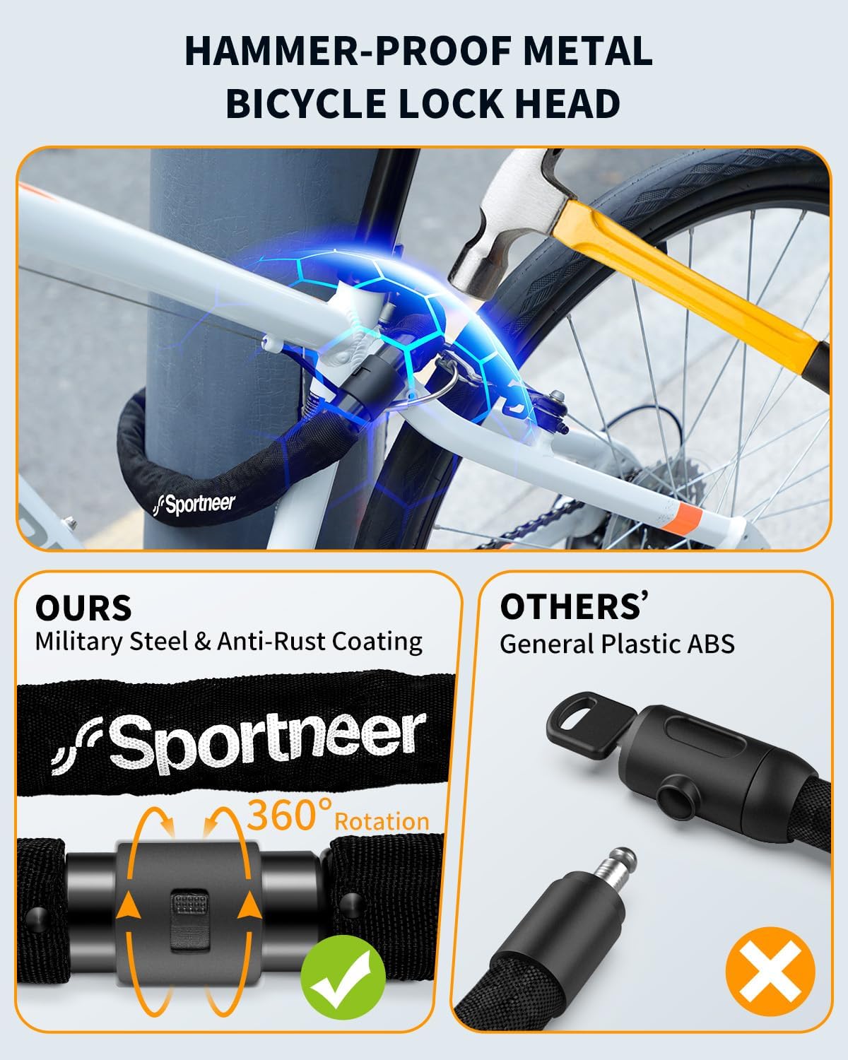Sportneer Bike Lock: 8mm Thick High Security Anti Theft Bike Chain Lock with 2 Keys- 3.2/4ft Long Heavy Duty Anti-Cut Bicycle Lock for Bike, Motorcycle, Bicycle, Door, Gate, Fence, Grill - Image 5