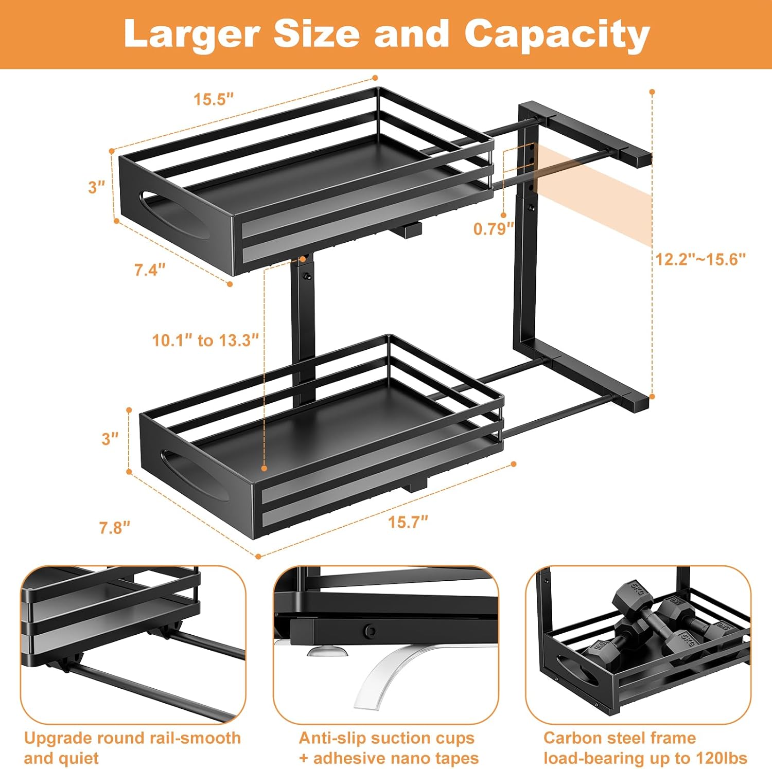 Under Sink Organizer, Pull Out Cabinet Organizers, Slide Sink Steel Shelf Cabinet Storage Shelves, Under Sink Storage for Kitchen Bathroom Cabinet (Black, 2 Pack) - Image 6