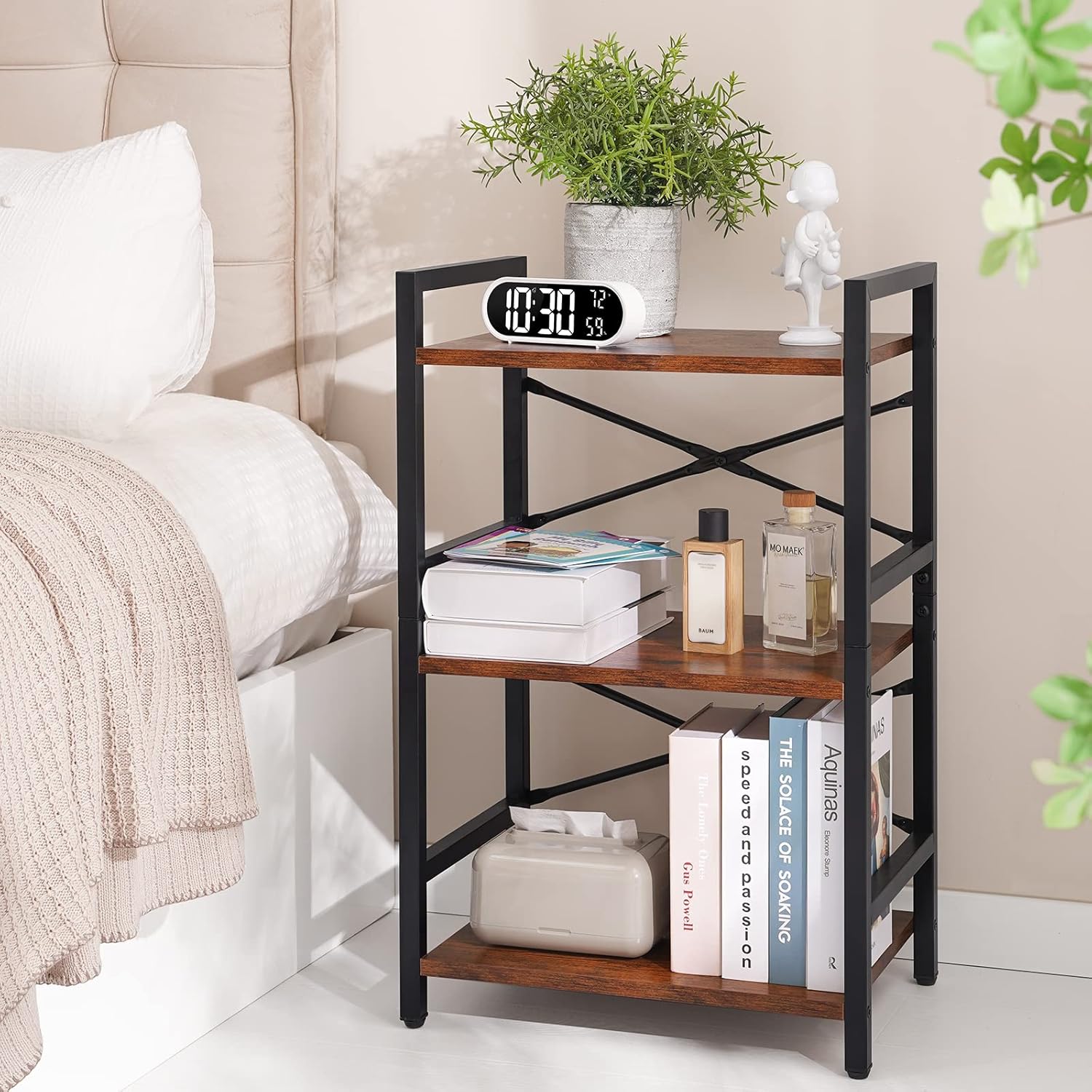 Yoobure Bookshelf Small Book Shelf, Solid Industrial 3 Tier Shelf Bookcase, Short Book Case for Bedroom, Living Room, Office Home, Small Spaces, Berry Brown - Image 3