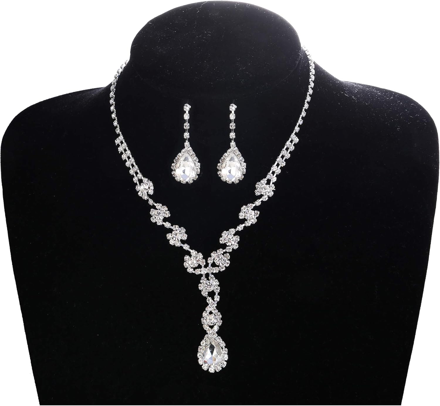 LOYALLOOK Bridal Rhinestone Teardrop Statement Necklace Bracelets and Dangle Earrings Jewerry Sets for Proms Weddings - Image 3