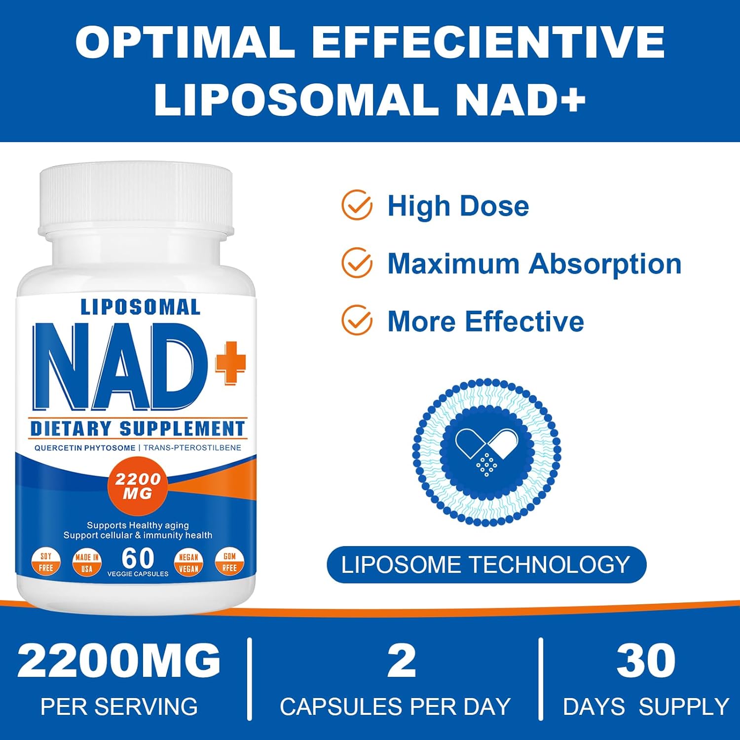 2200mg Liposomal NAD+ Supplement - NAD Supplement for Men and Women, Enhances Cell Energy & Aging Defese, 60 Capsules - Image 7