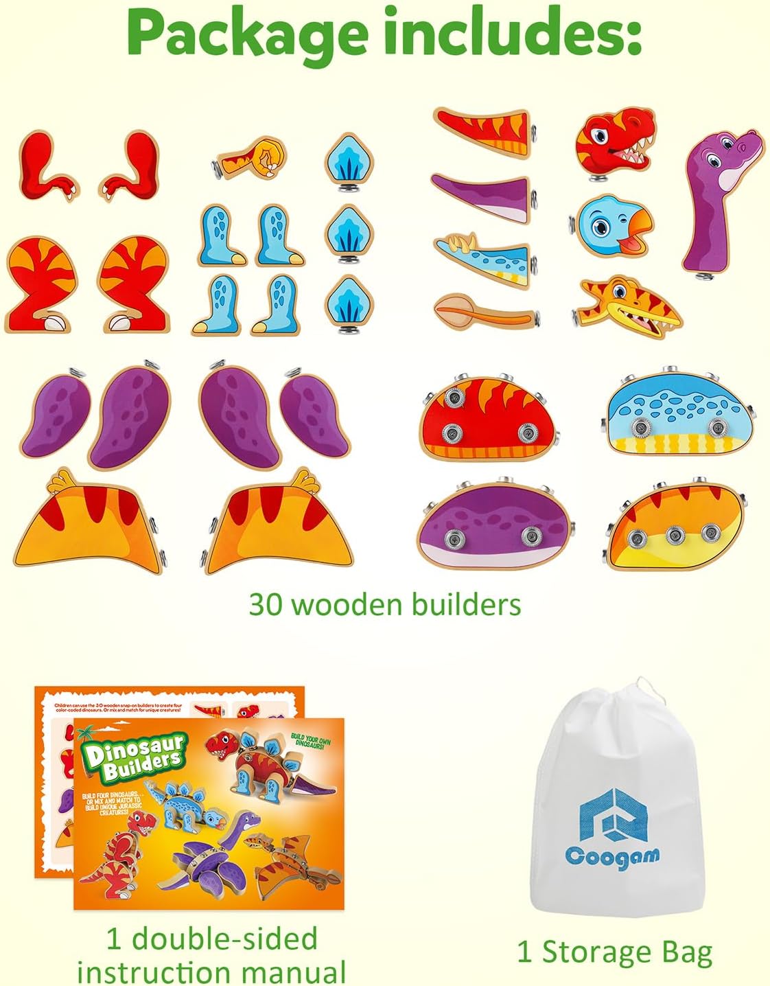 Coogam Dinosaur Snap Together Building Toys, Wooden Take Apart Dinosaur Playset, STEM Montessori Educational Fine Motor Skill Toy Gift for 3 4 5 Years Old Kids - Image 6