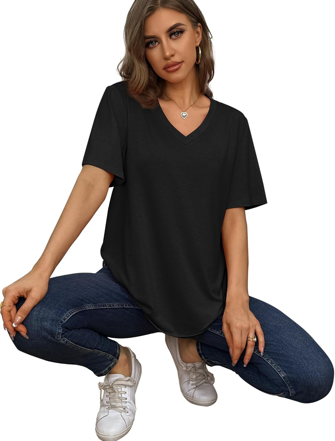 Aokosor Womens T Shirts V Neck Short Sleeve Casual Loose Tees Summer Tops 2025 Trending Now - Image 5