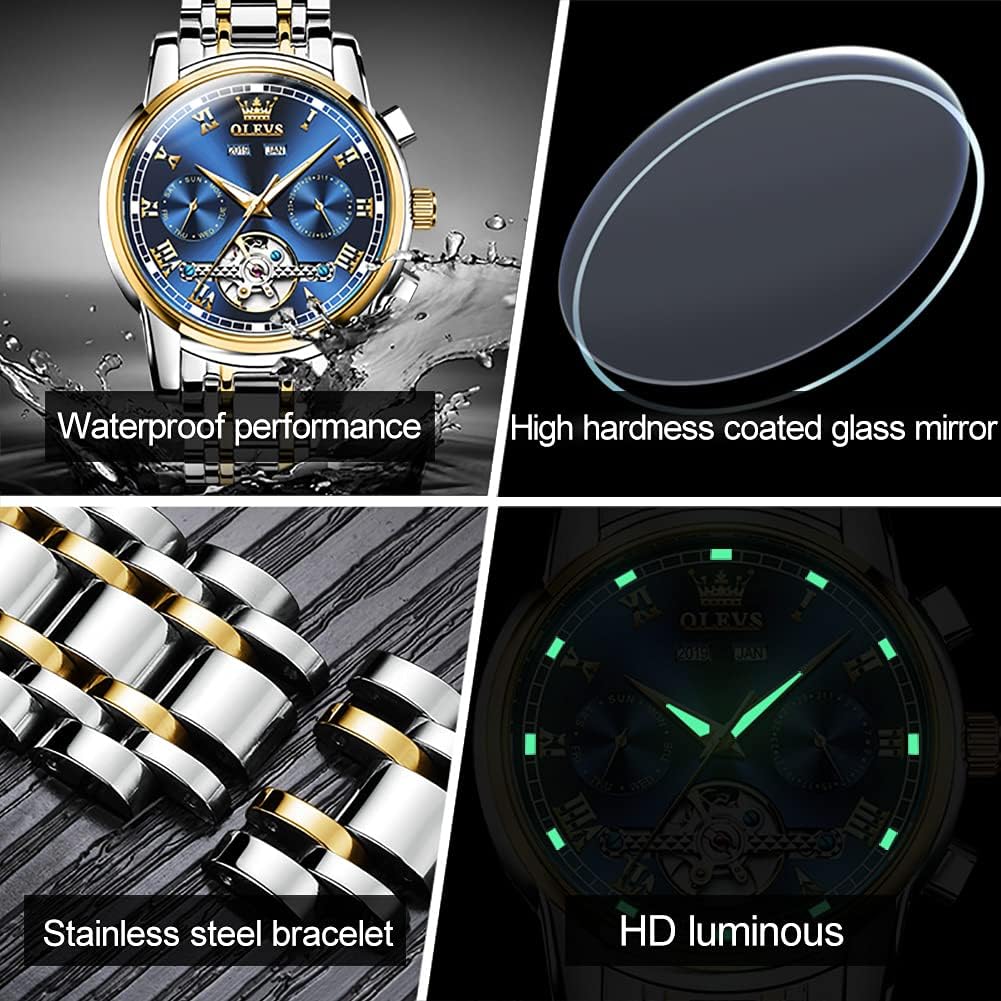 OLEVS Automatic Watch(No Battery Required) Men's Wrist Watches Self-Wind Mechanical Watches Fashion Classic Tourbillon Skeleton Watch Black Blue Green Face,Adjustable Bracelet (Gift Tool) - Image 7
