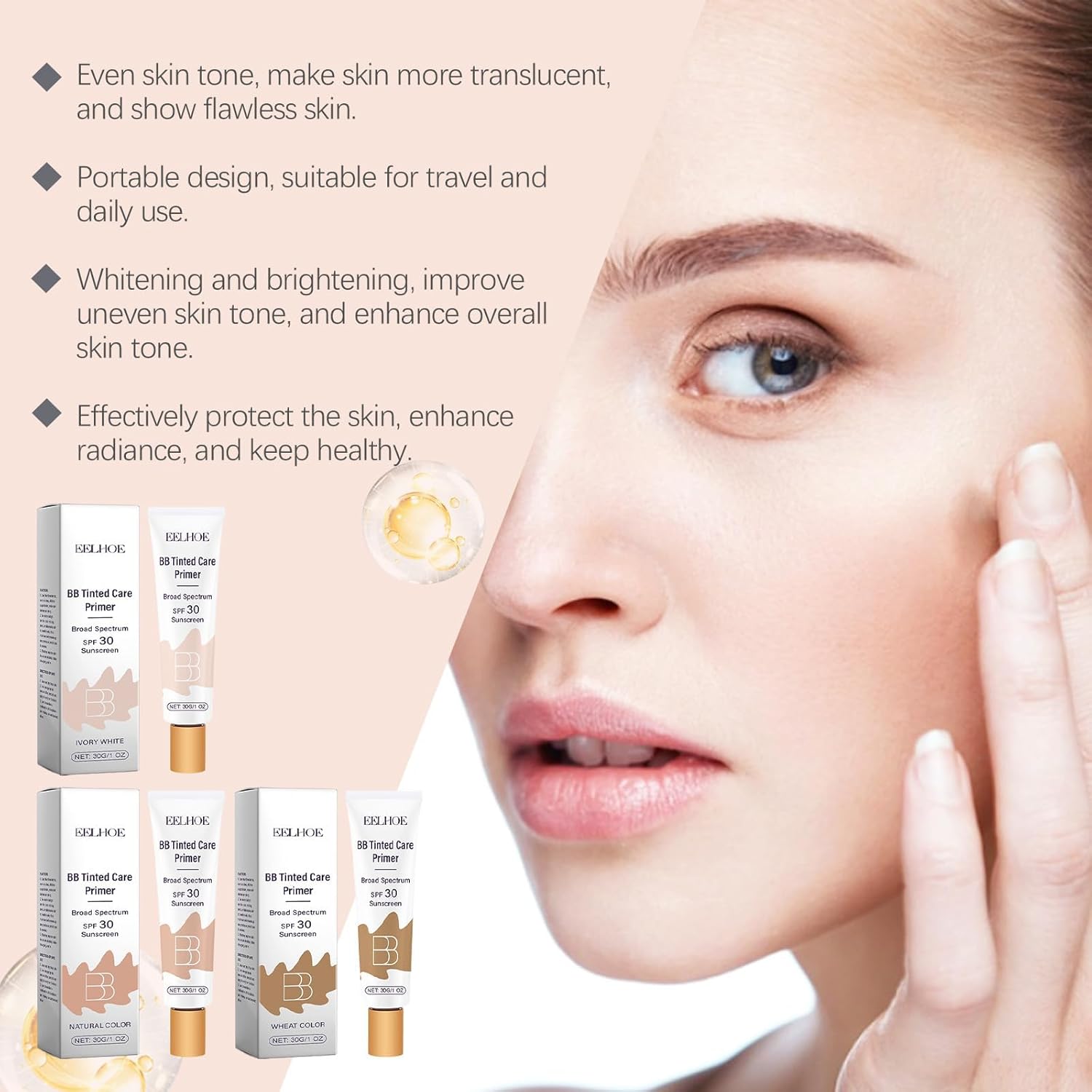 BB Tinted Moisturizer SPF 30, BB Tinted Care Primer, BB Tinted Care Primer with Brush, Full Coverage Light-Medium Skin Color Hydrating & Smoothing (Natural*1 with Brush) - Image 7