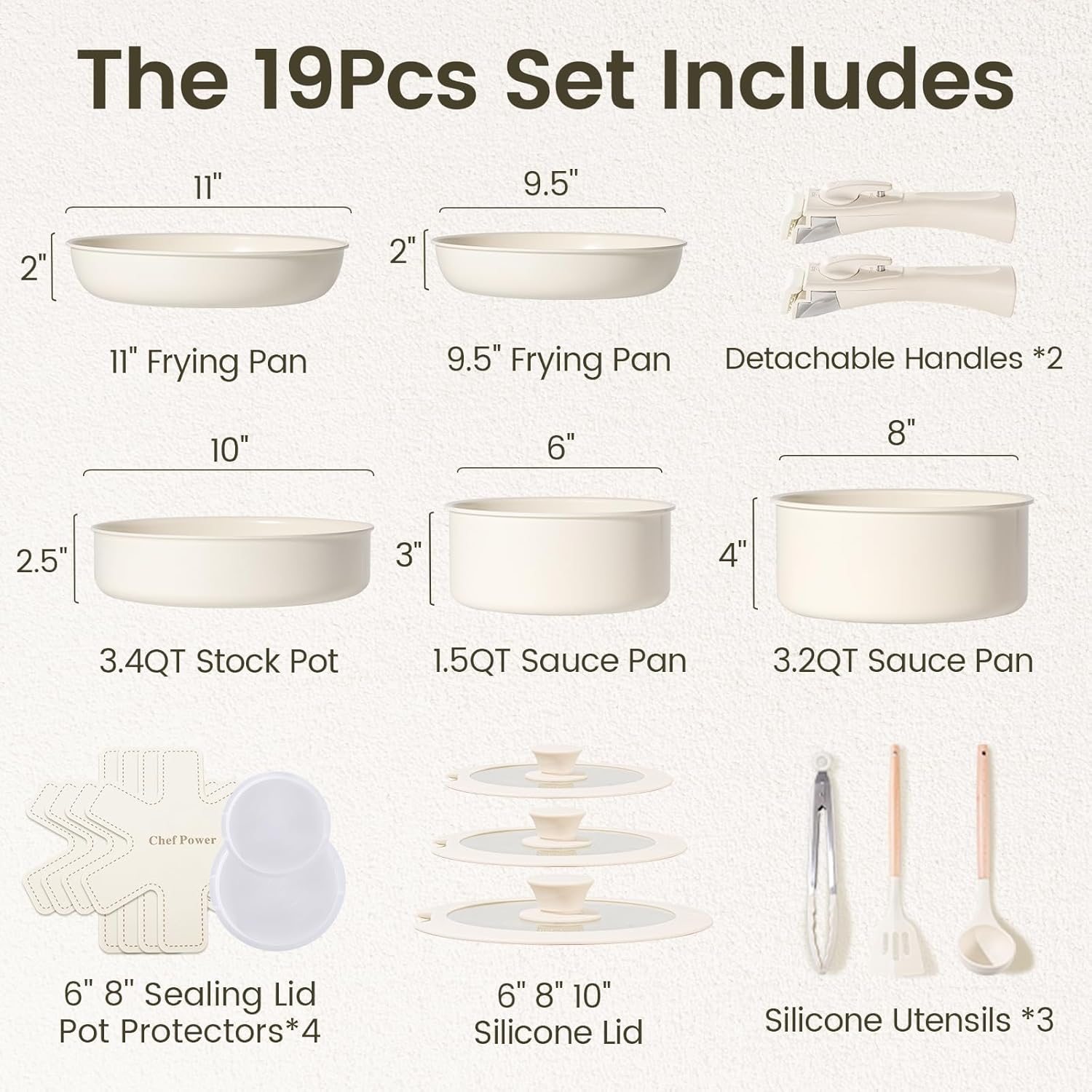 Chef Power Ceramic Cookware Set Non Toxic with Detachable Handles, Healthy Nonstick Pans and Pots Set 19 Pcs, Induction Dishwasher Oven Safe Kitchen Set, PFAS PFOA & PTFE Free, Cream White - Image 3