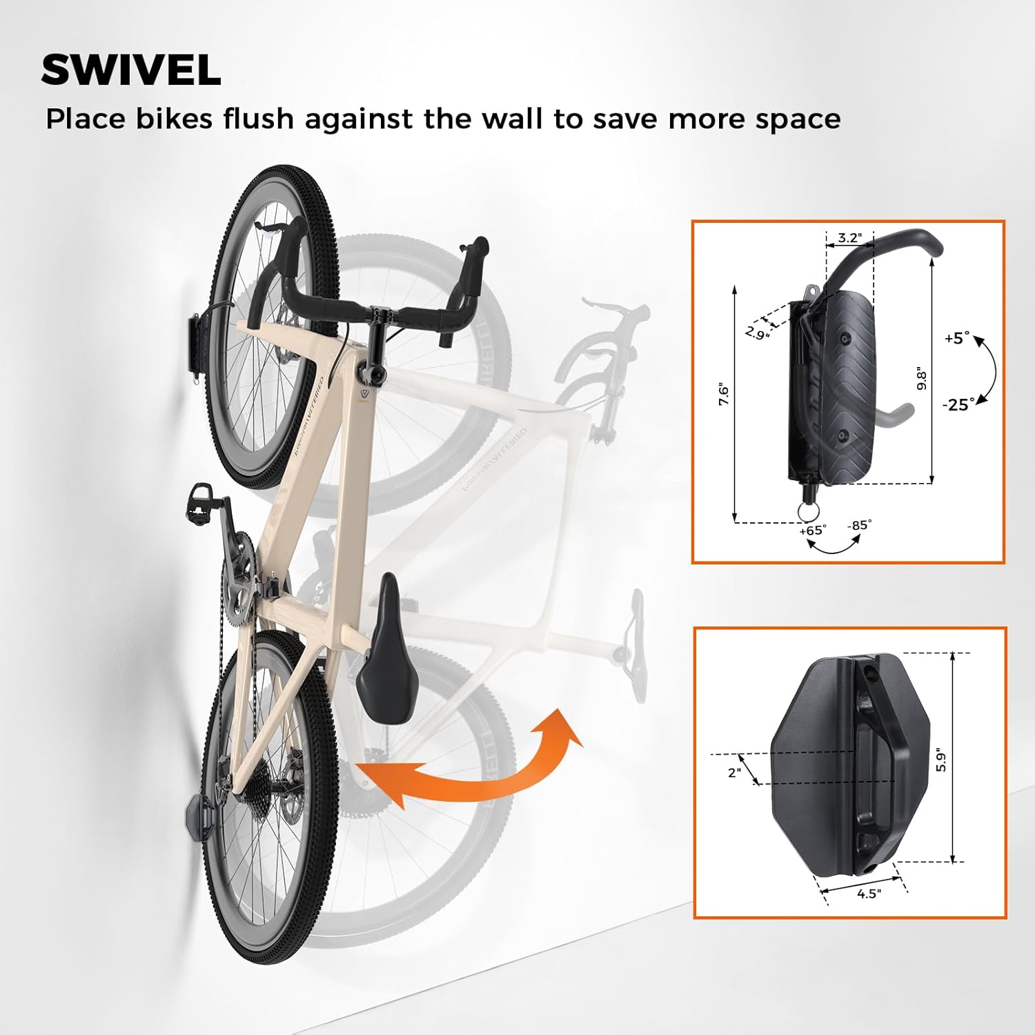 2 Pack Swivel Bike Wall Mount,Bike Hanger for Garage,Wall Mount Bike Rack,Vertical Bike Rack Holds Up to 66 lbs,Space Saving Sturdy Wall Bike Rack, Black - Image 3