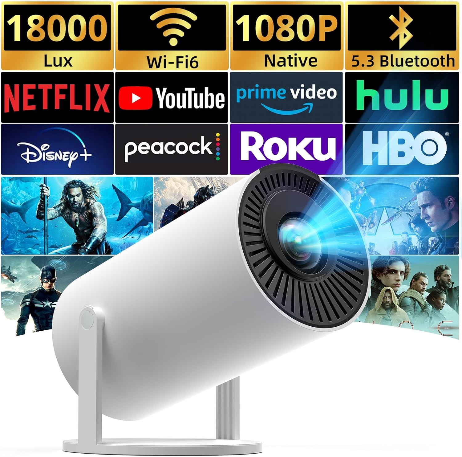Auto Keystone Projector with WIFI and Bluetooth, Pericat 210° Rotatable Portable Projector, 18000L Native 1080P Home Theater, Outdoor Movie Projectors Compatible with TV Stick, Laptop, PC, Smartphone - Image 2