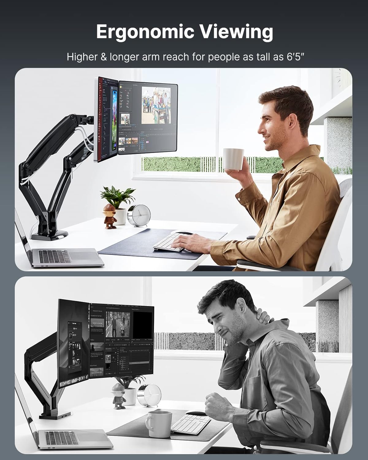 HUANUO Dual Monitor Stand for 13 to 40 inch, Premium Dual Monitor Mount with USB, Height Adjustable Monitor Stand for 2 Monitors, VESA Mount with Clamp/Grommet Base, Each Arm Hold up to 26.4lbs, Black - Image 5