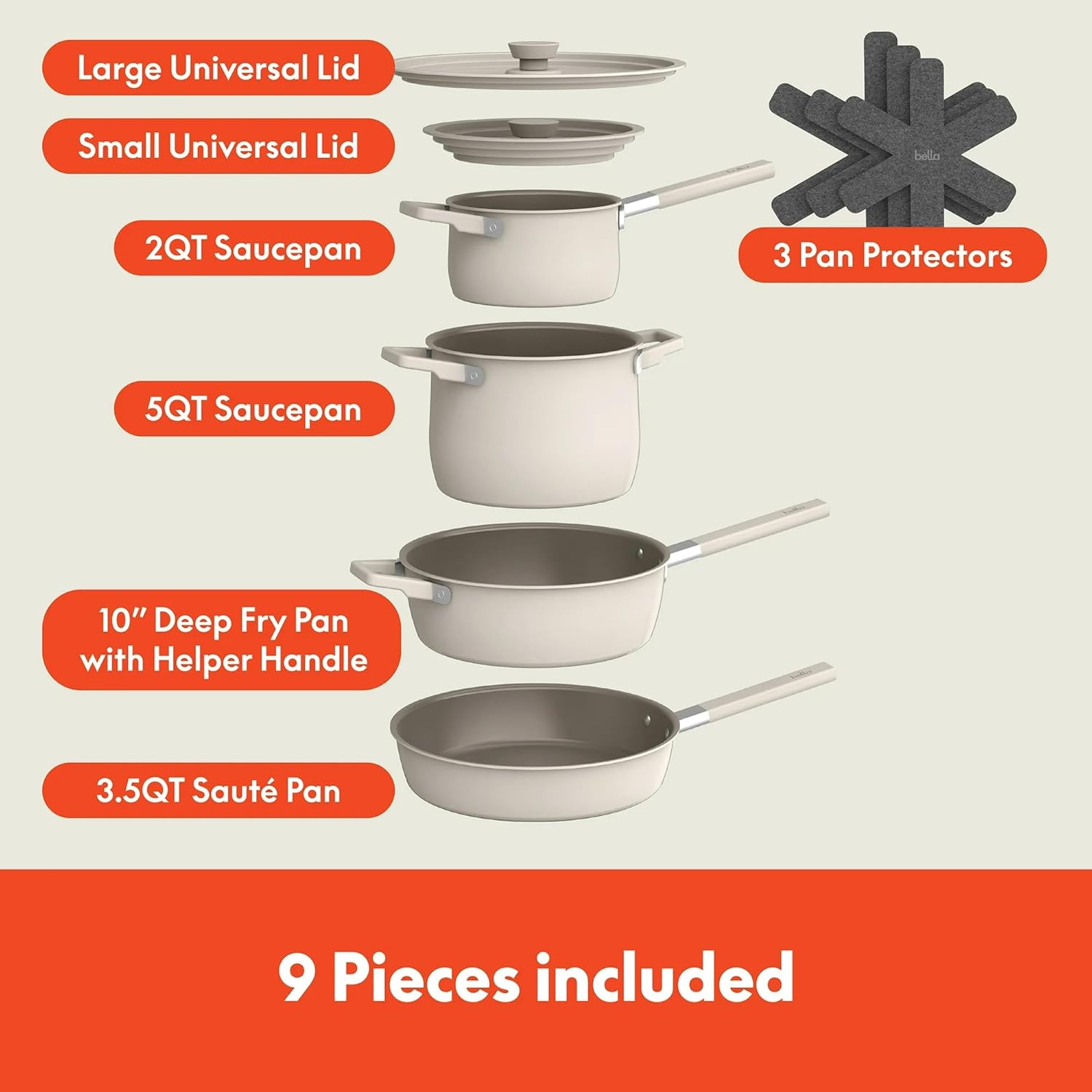 Bellas 9-Piece StoreMore Cookware Set Oatmilk Ceramic Nonstick Pans Space-Saving Design Induction-Safe Stay-Cool Handles Oven Safe to 350°F Universal Aluminum Lids Ever-Good Coating PFAS-Free - Image 6