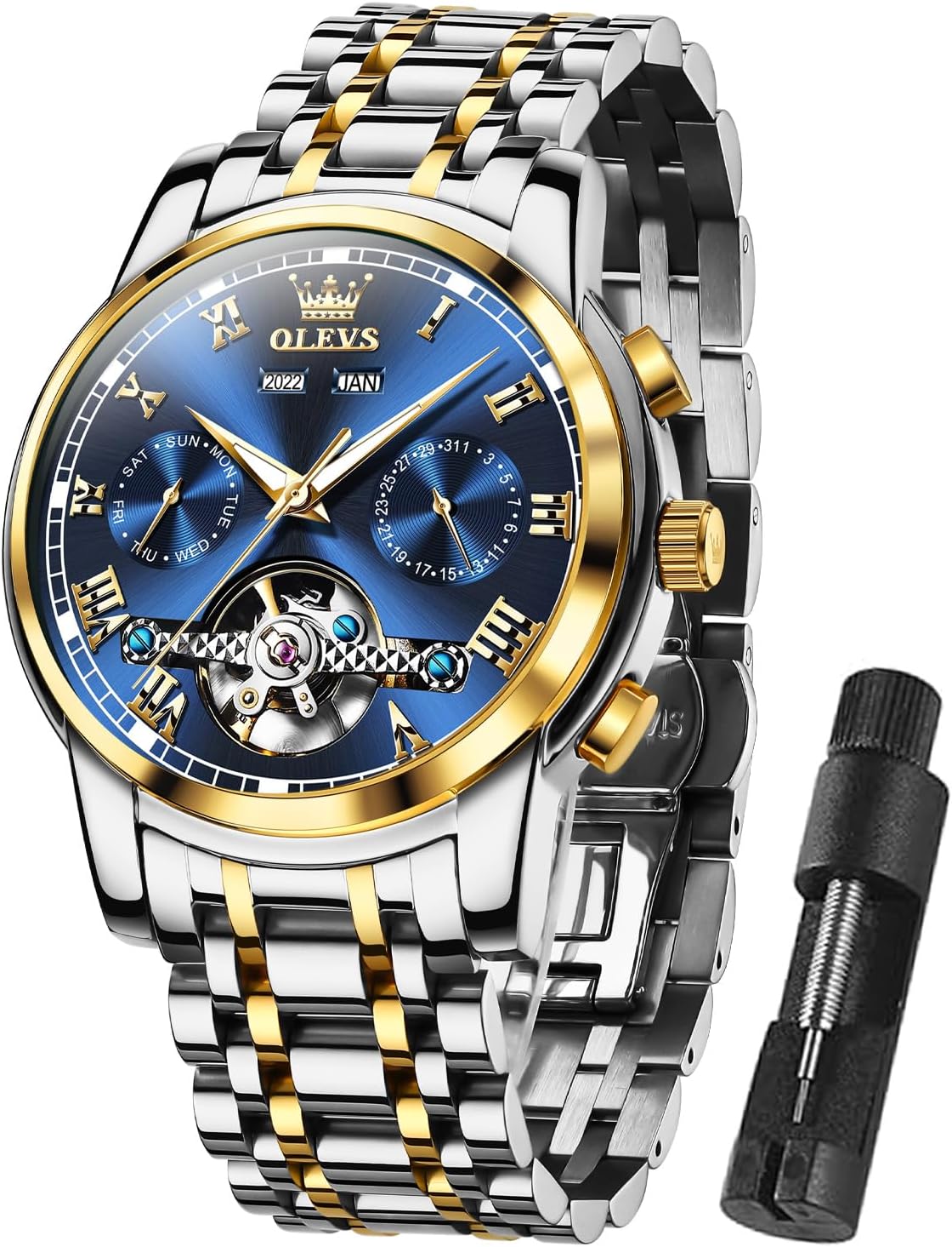 OLEVS Automatic Watch(No Battery Required) Men's Wrist Watches Self-Wind Mechanical Watches Fashion Classic Tourbillon Skeleton Watch Black Blue Green Face,Adjustable Bracelet (Gift Tool) - Image 9
