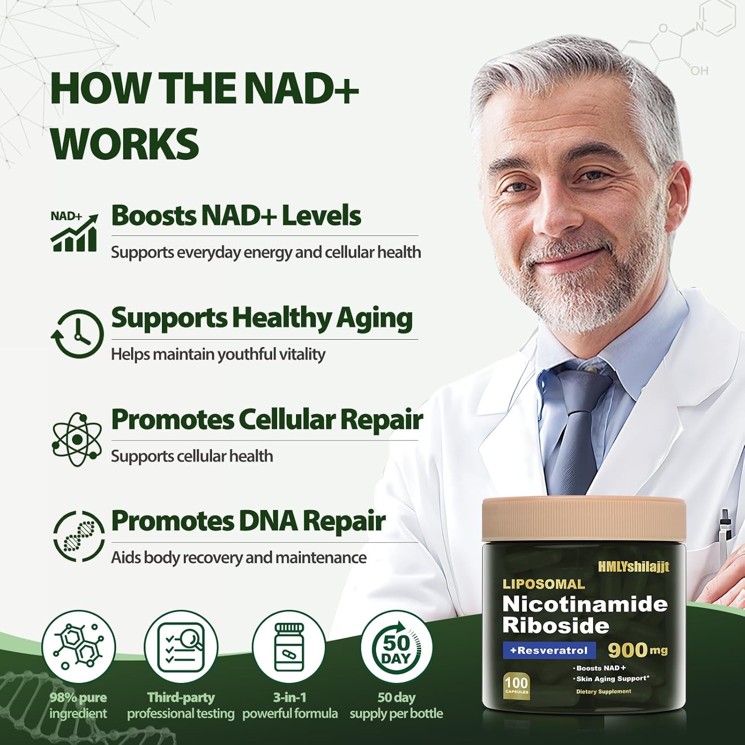 NMN Alternative-High Purity Liposomal NAD with Nicotinamide Riboside, Resveratrol, Quercetin, NAD Resveratrol Supplement 900 mg for Anti-Aging, Energy, Focus -100 Count - Image 5