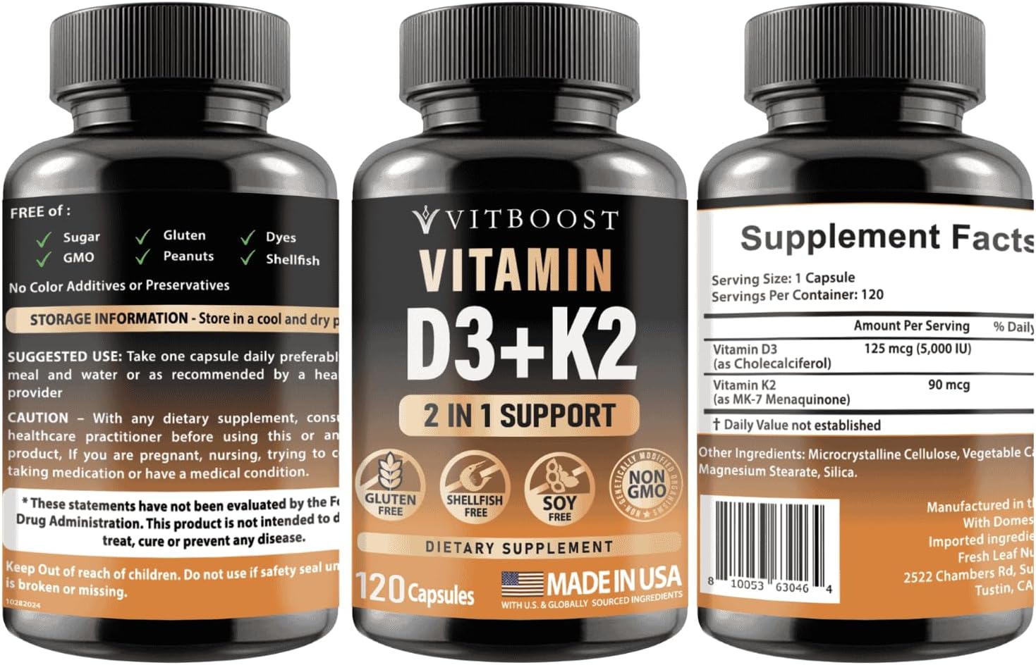 Vitamin D3 K2 Complex - Easy to Swallow - Vitamin D (D3) 5000 IU (125 mcg) & K2(MK-7) 90 mcg | Non-GMO | Gluten-Free | USA Made | 120 Capsules - Image 3