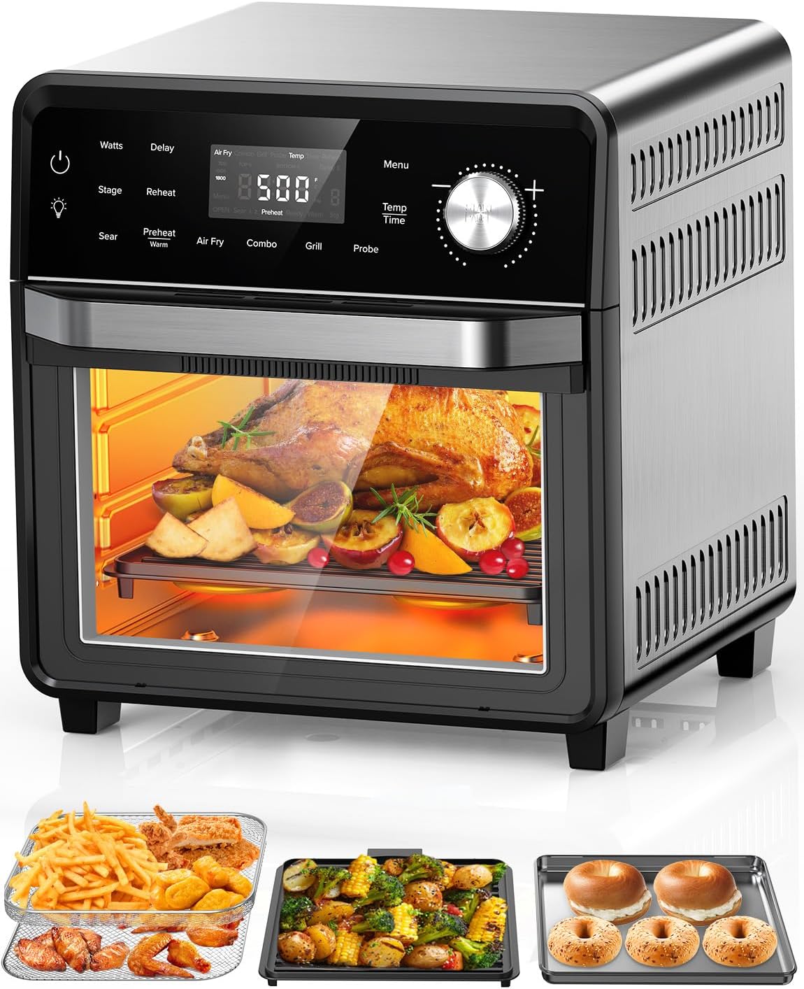 Nuwave Smart Air Fryer Oven with POWERPORT™ Plug-In Grill for Dual-Zone Efficient Cook, 100 in 1 Advanced Convection Toaster Oven Countertop w/Insulated 2-Glass Door, 550°F Preheat, Stainless Steel - Image 2