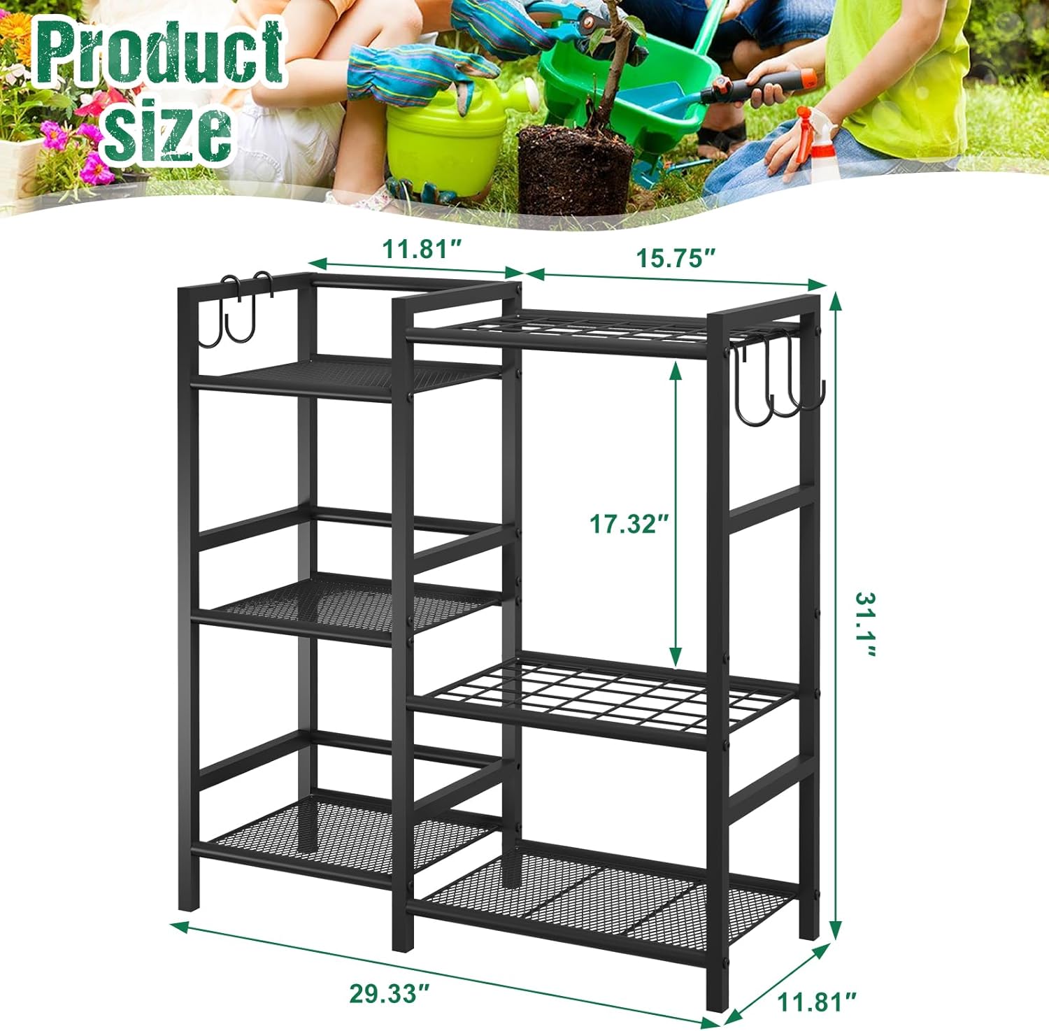 keomaisyto Garden Tool Organizer for Garage Organization, 3 Tier Yard Tool Storage Rack with 35 Long-Handled Tool Slots, Heavy Duty Garden Tool Holder with Large Hooks for Shed, Yard, Garage - Image 5