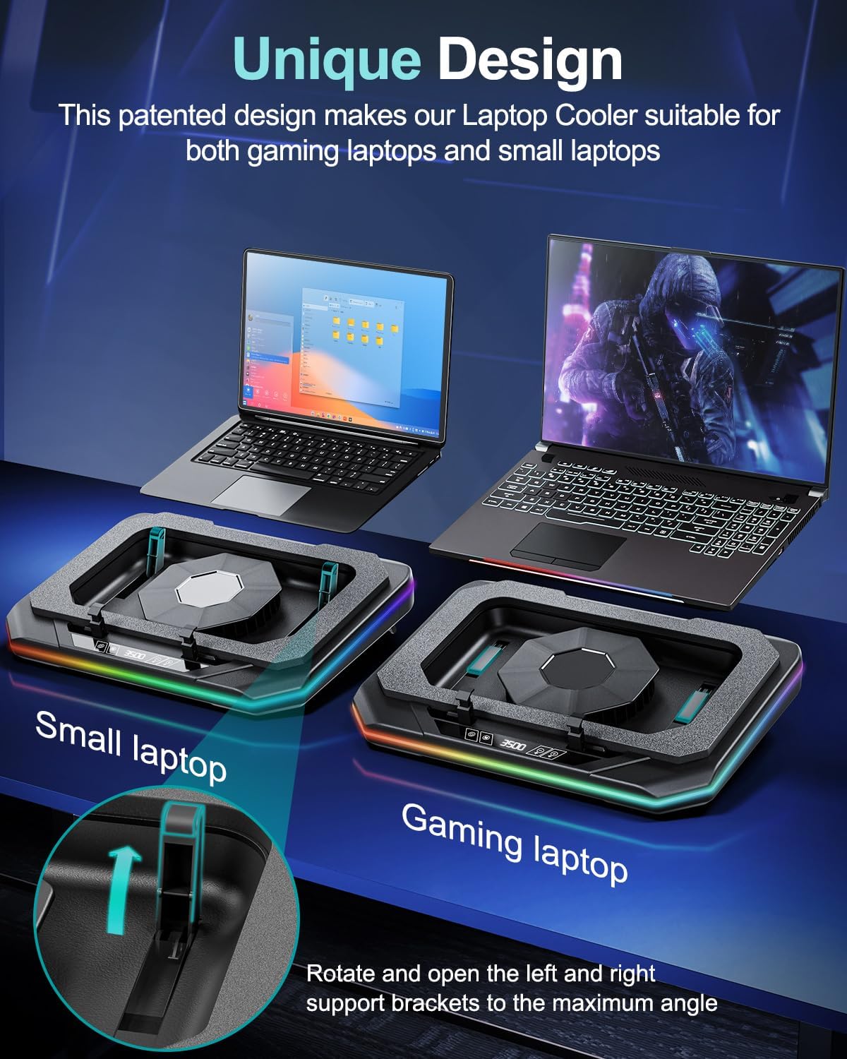MOUNT PRO Gaming Laptop Cooling Pad, RGB Laptop Cooler Stand with Powerful Turbofan (3500 RPM), Height Adjustable Laptop Fan Cooling Pad for 13-19 Inches Notebook, with Sealed Foam, Touch Control - Image 4