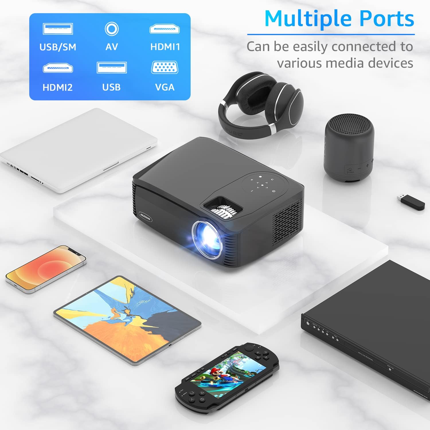 Native 1080P 5G WiFi Bluetooth Projector, AILESSOM 20000LM 450" Display Support 4K Movie Projector, High Brightness for Home Theater and Business, Compatible with iOS/Android/TV Stick/PS4/HDMI/PPT/USB - Image 8