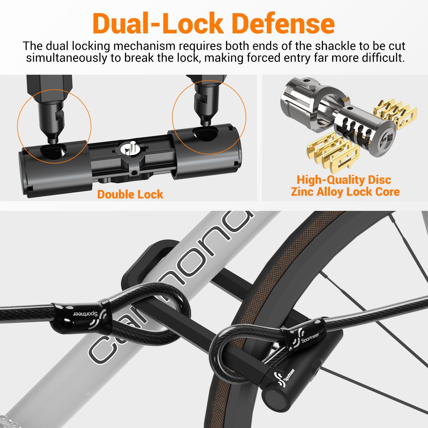 Sportneer Bike Lock: 18mm Heavy Duty Anti Theft Bike U Lock with 5ft Security Steel Cable - Shackle Bicycle U-Locks with 3 Keys & Sturdy Mounting Bracket for Road, Mountain, Electric & Folding Bike - Image 5