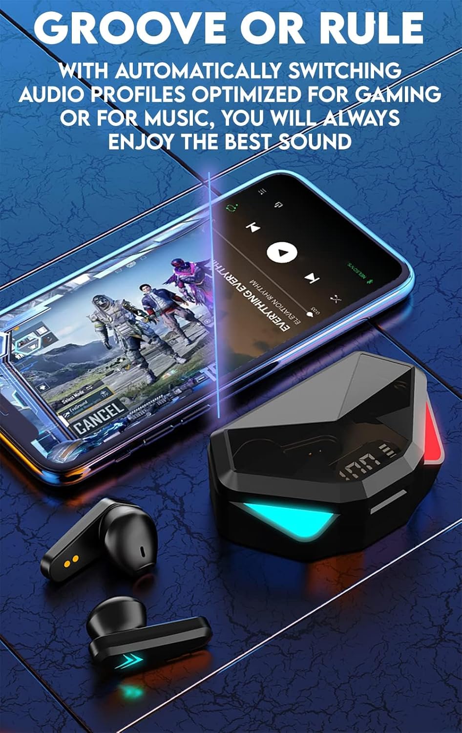 Acuvar Fully Wireless Bluetooth 5.2 Rechargeable Waterproof Sweatproof Gaming Earbud Headphones with Microphone, RGB LED 12h USB C Power Charging Case Low Latency Surround Stereo Bass Noise Cancelling - Image 5