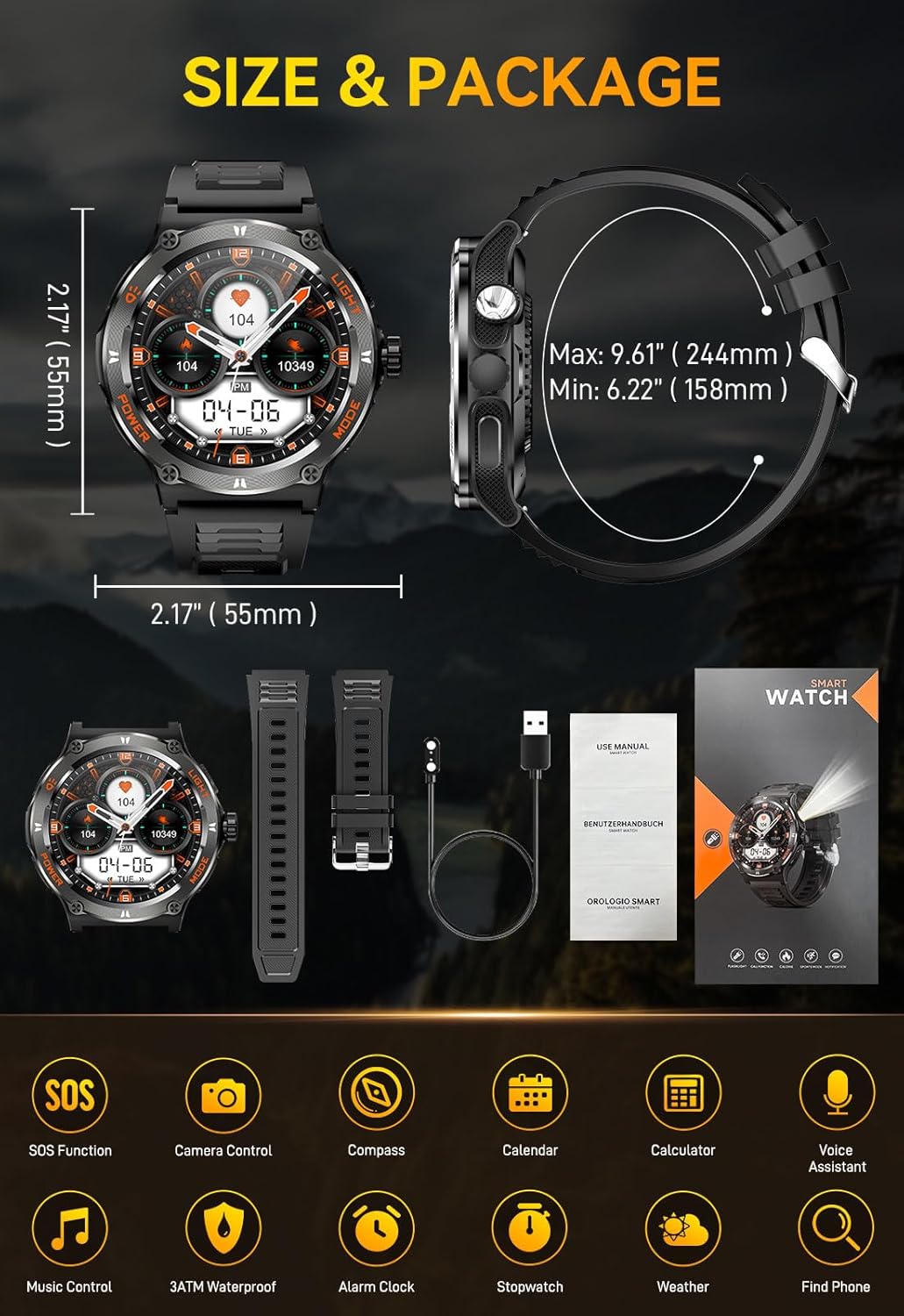 Military Smart Watch for Men with LED Flashlight 500mAh Big Battery Tactical Smartwatch 1.53” Big Screen Rugged Smart Watch 3ATM Waterproof Fitness Tracker with Heart Rate Monitor for iPhone Android - Image 10