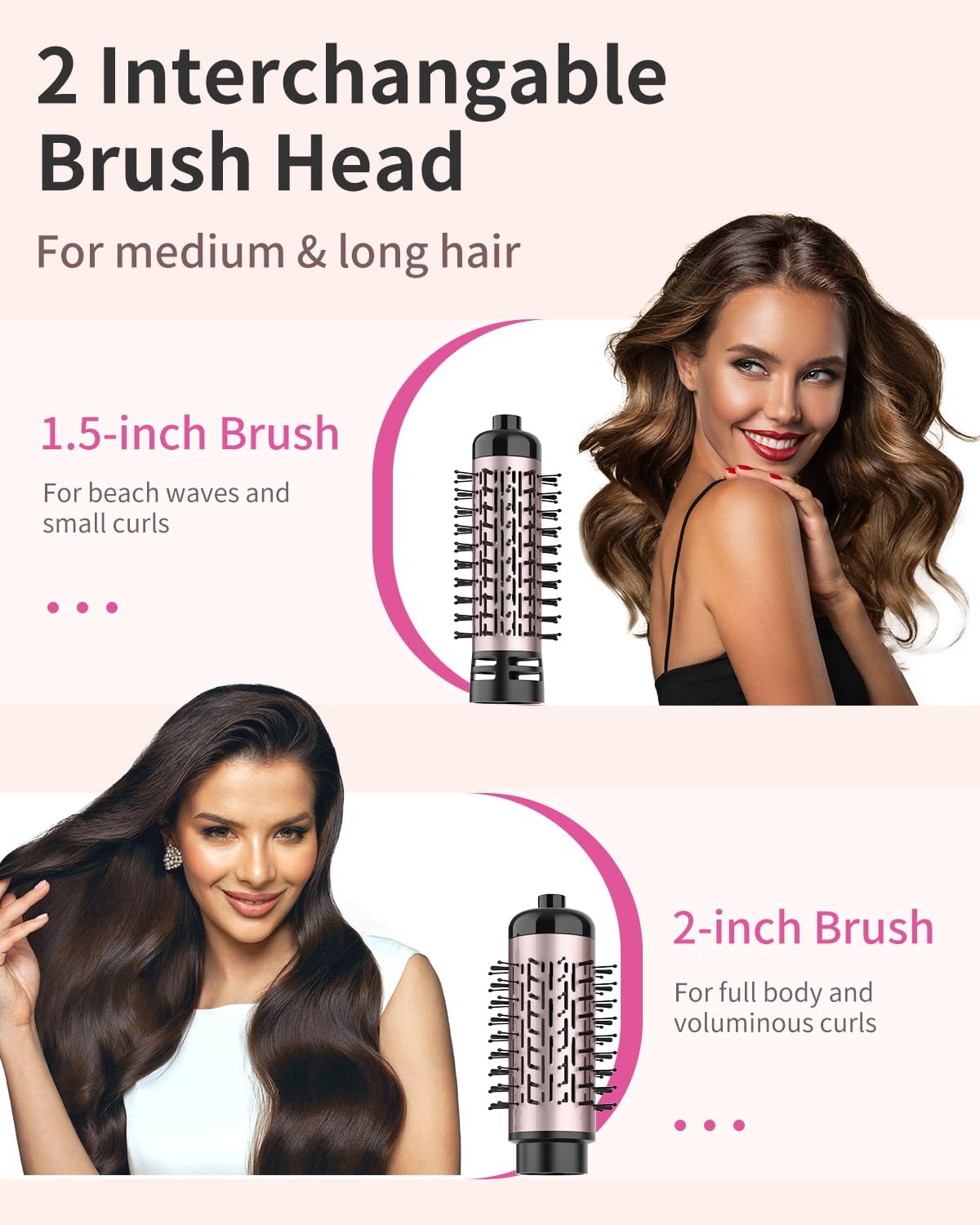 Rotating Hair Dryer Brush Spinning, 4-in-1 Blow Dryer Brush with 2 Inch&1.5 Inch Brush Attachements, Round Hot Air Brush for Hair Smooth/Volume/C-Curls - Image 4