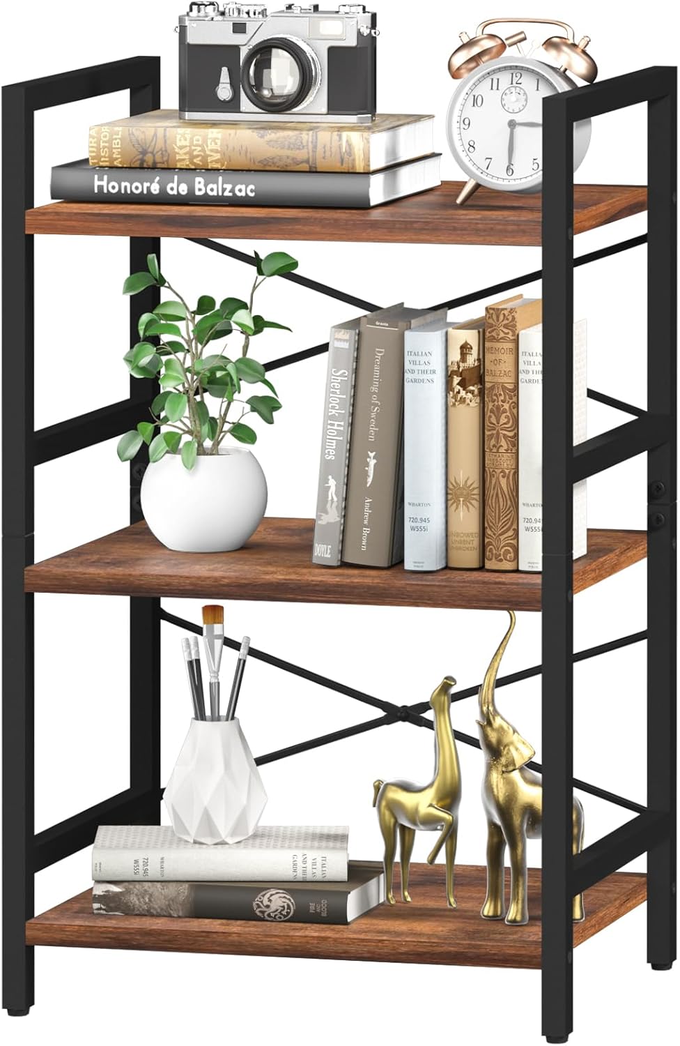 Yoobure Bookshelf Small Book Shelf, Solid Industrial 3 Tier Shelf Bookcase, Short Book Case for Bedroom, Living Room, Office Home, Small Spaces, Berry Brown - Image 2