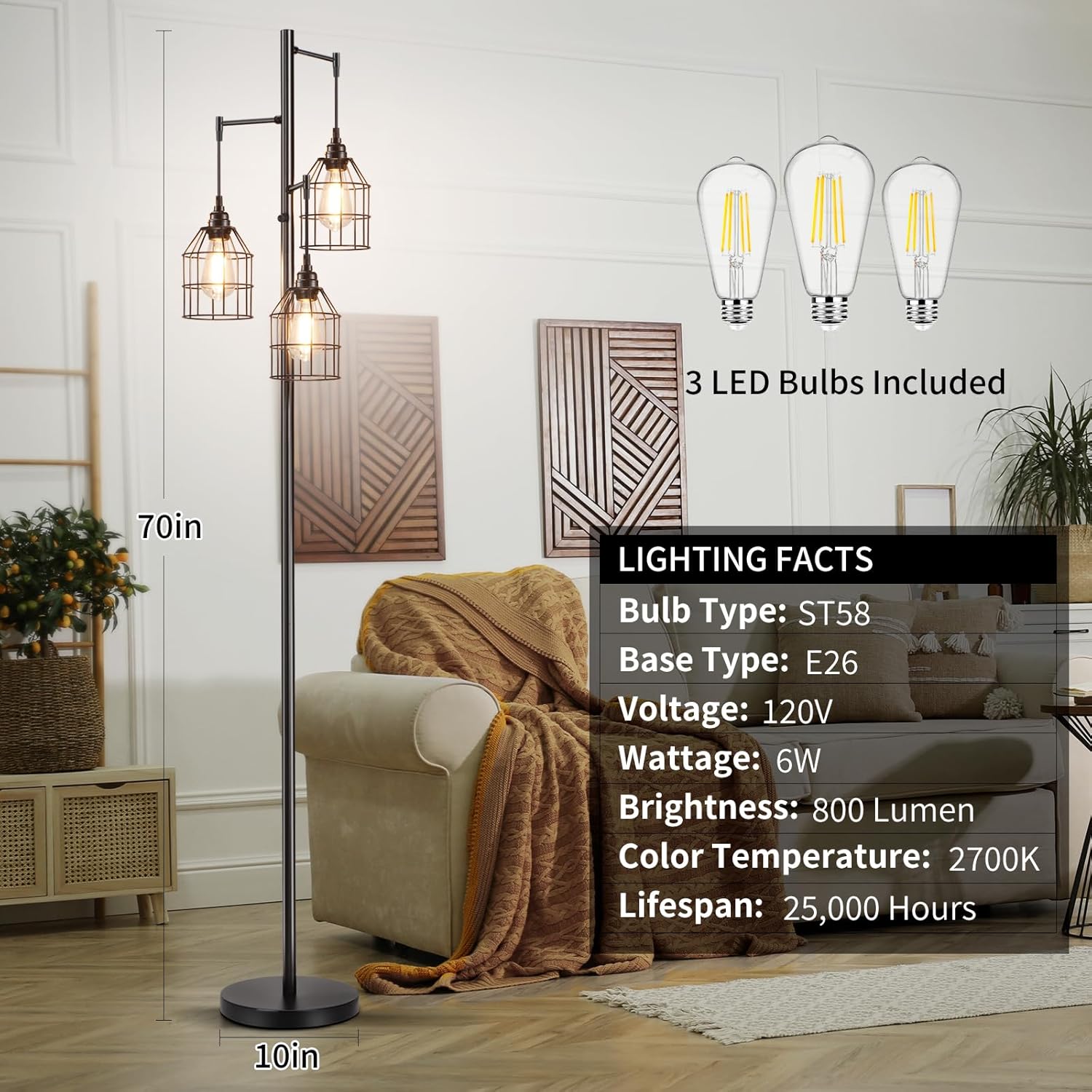 70" Dimmable Floor Lamp for Living Room, Industrial 3-Light Tree Floor Lamp Black with Cages, Farmhouse Rustic Tall Standing Lamp Floor Lighting for Bedroom Office, 3 Free LED Edison Bulbs - Image 6