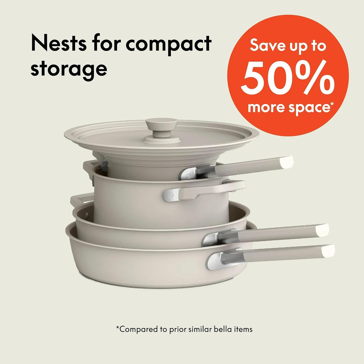 Bellas 9-Piece StoreMore Cookware Set Oatmilk Ceramic Nonstick Pans Space-Saving Design Induction-Safe Stay-Cool Handles Oven Safe to 350°F Universal Aluminum Lids Ever-Good Coating PFAS-Free - Image 3