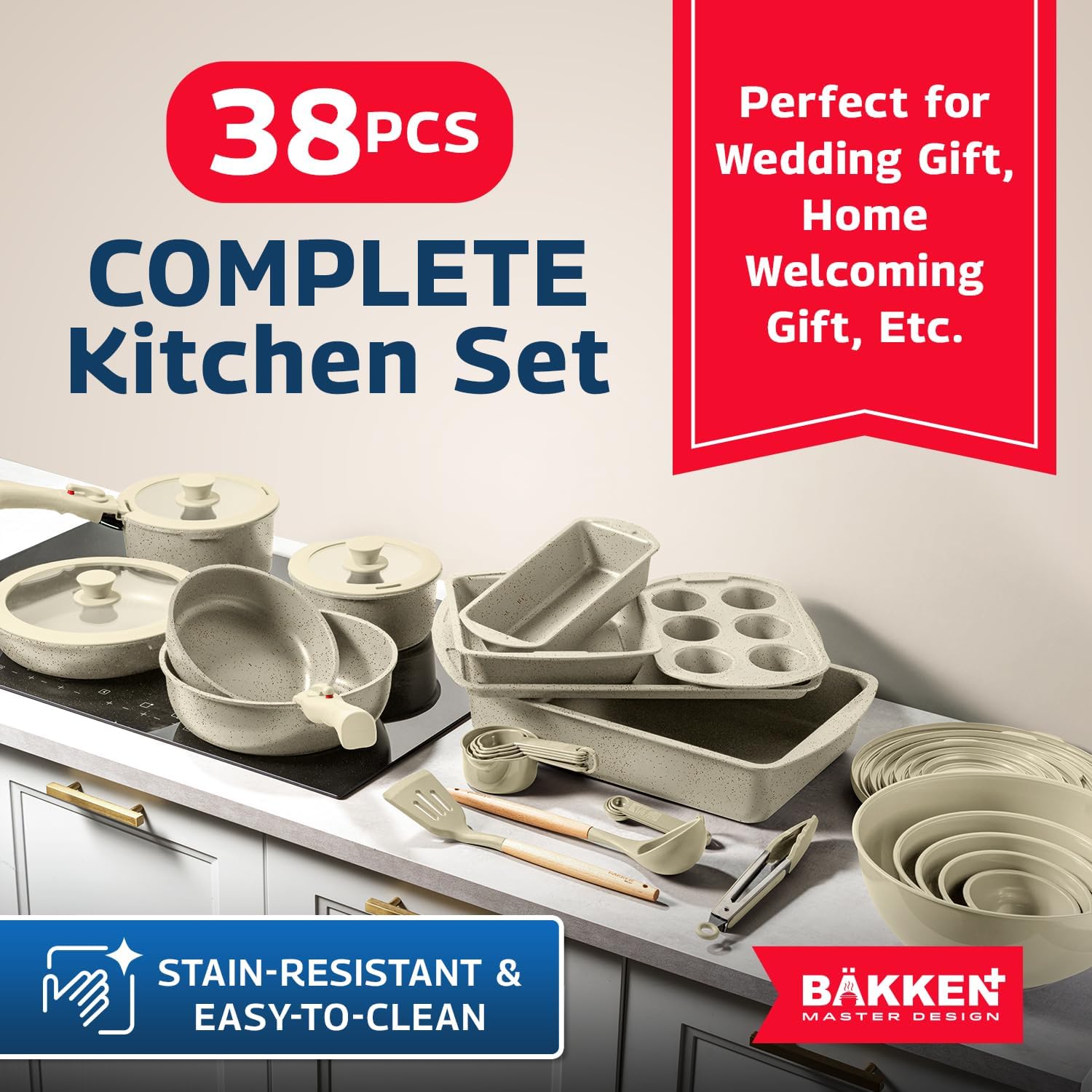 Bakken Master 38 Piece Granite Cookware and Bakeware Set – Nonstick Granite Coating, Pots and Pans with Detachable Handles and Tempered Glass Lids, 6-piece Bakeware set, 12-piece Mixing Bowls, White - Image 6