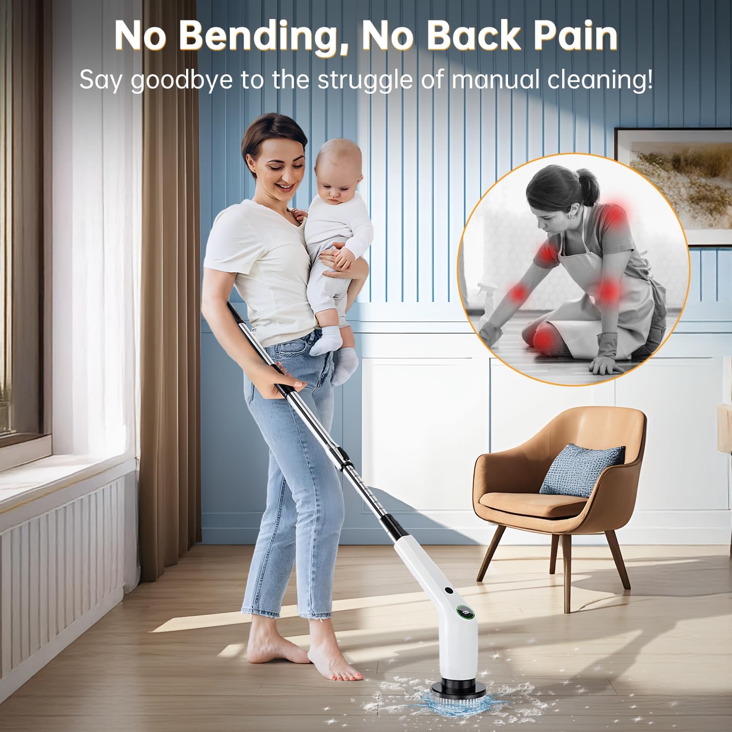 Electric Spin Scrubber, Cordless Shower Scrubber with 8 Scrub Brush, 2 Speed with Adjustable Extension Handle, Battery Level Display, Power Scrubber for Bathroom Kitchen Bathtub Tile Floor, Black - Image 3