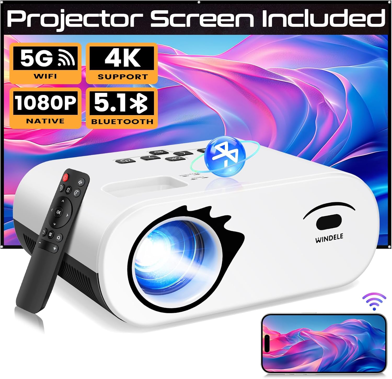 Upgraded 5G Wifi Bluetooth Projector, Native 1080P Video Projector, Portable Outdoor Projector with Screen, Home Theater Mini Projector Compatible with HDMI/USB - Image 2