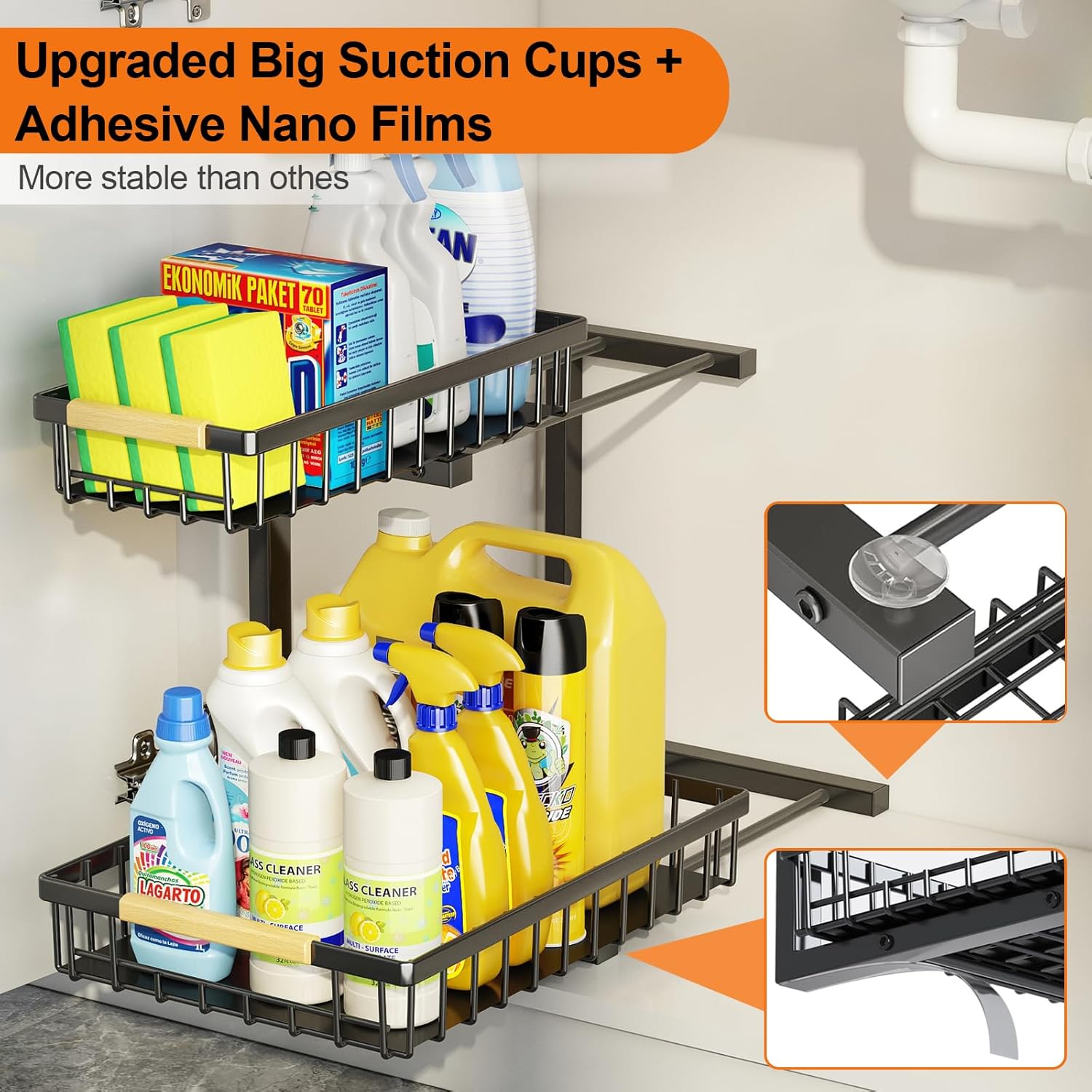 Under Sink Organizer and Storage, 2-Tier Pull Out Cabinet Organizers Shelf, Metal Sliding Drawers Shelves for Kitchen Bathroom Closet Organization, 2 Pack - Image 7