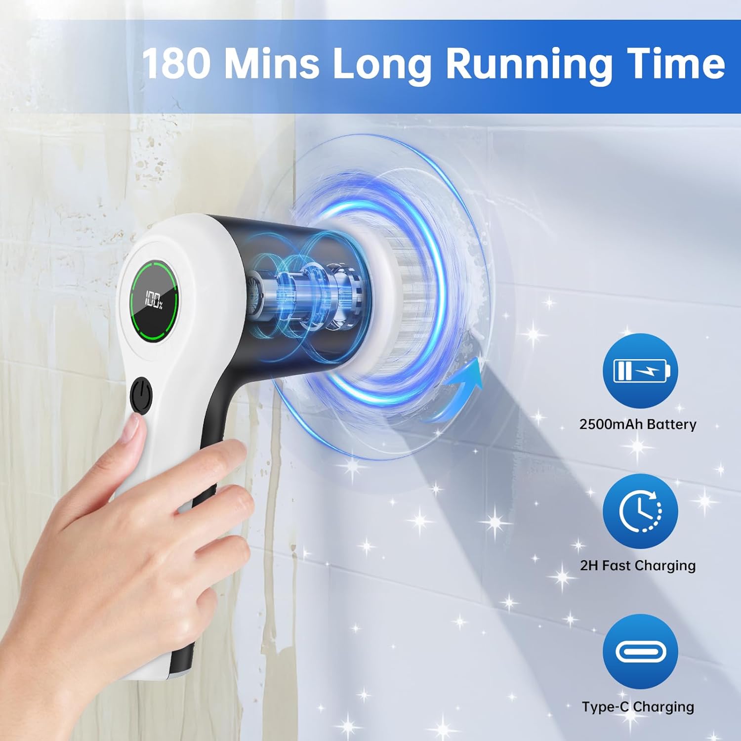 Electric Spin Scrubber, Cordless Shower Scrubber with Battery Level Display, 2 Speeds Electric Scrubber for Cleaning with 6 Replaceable Heads, Electric Cleaning Brush for Bathroom/Sink/Window - Image 3
