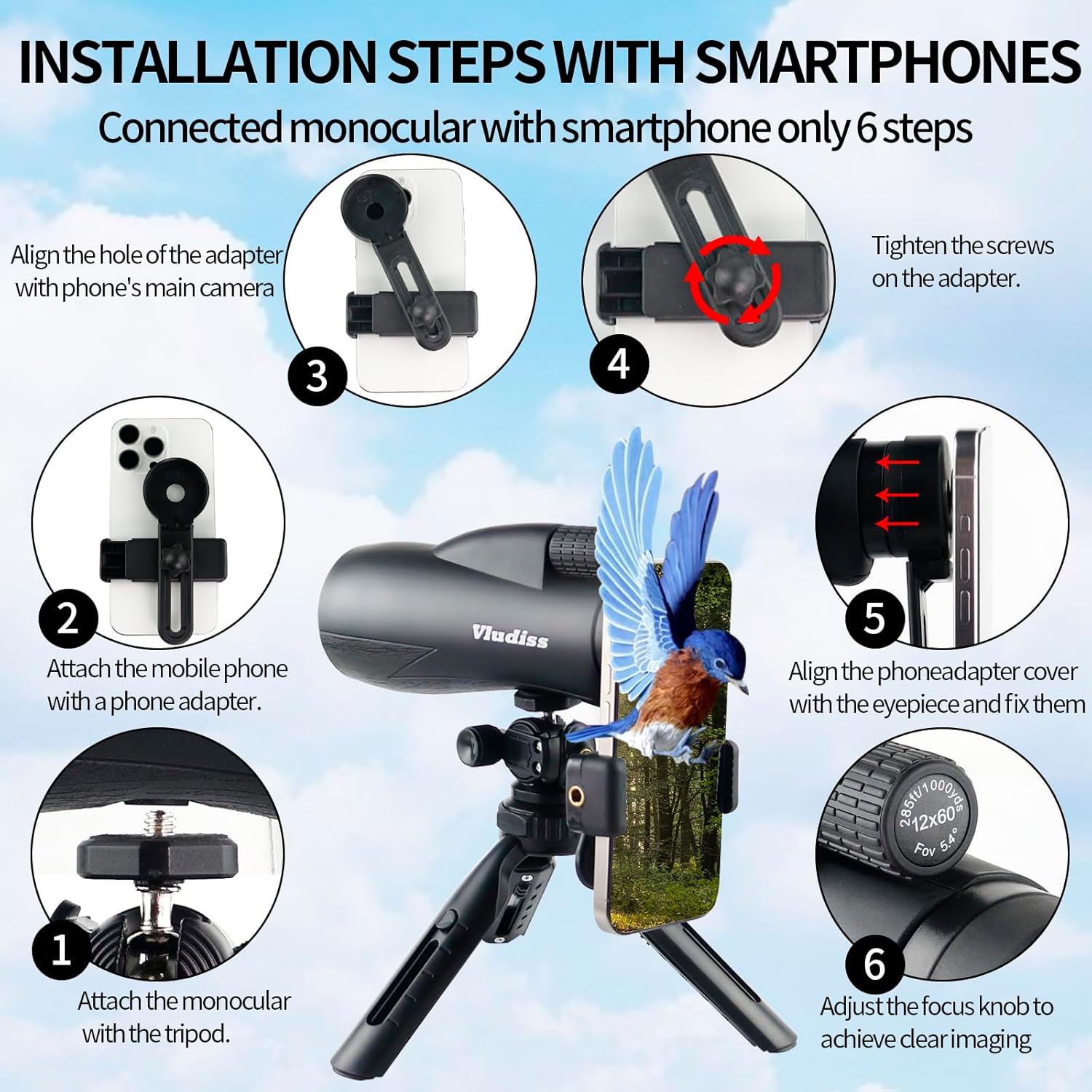 12X60 High-Power Monocular Telescope with Smartphone Holder and Tripod, Large Vision with BAK-4 Prism and FMC Lens Suitable for Bird Watching Hunting Hiking Camping Wildlife - Image 5