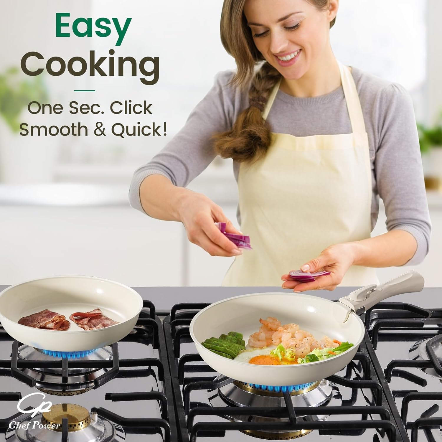 Chef Power Ceramic Cookware Set Non Toxic with Detachable Handles, Healthy Nonstick Pans and Pots Set 19 Pcs, Induction Dishwasher Oven Safe Kitchen Set, PFAS PFOA & PTFE Free, Cream White - Image 8