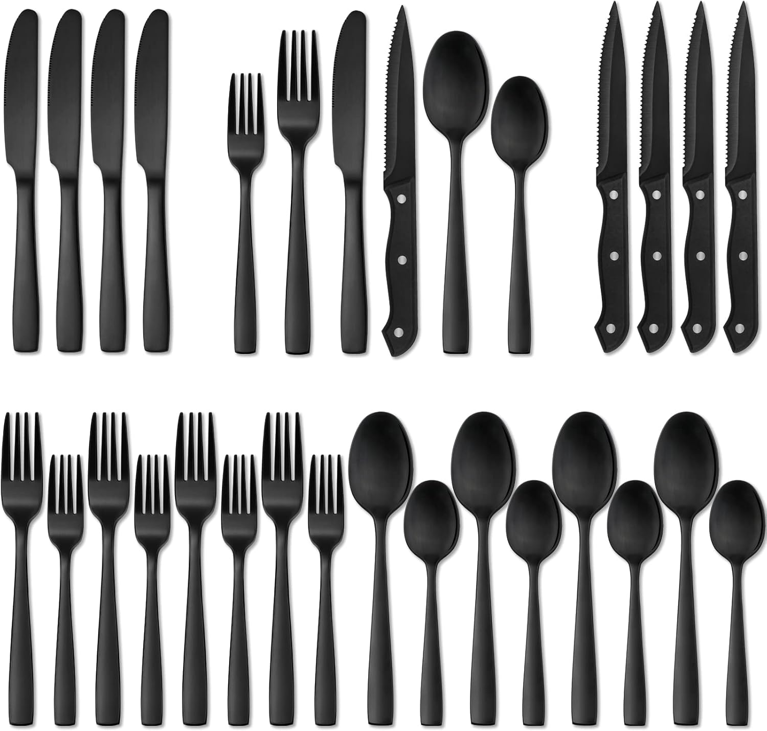 Hiware 24 Pieces Matte Black Silverware Set with Steak Knives for 4, Stainless Steel Flatware Utensils Set, Hand Wash Recommended - Image 2