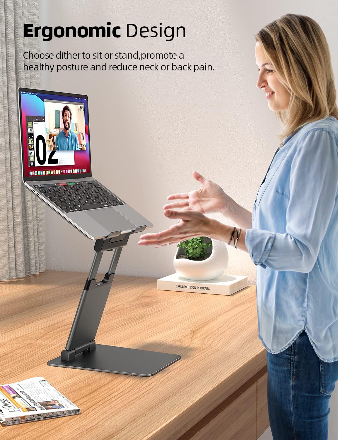 Nulaxy Height Adjustable Laptop Stand for Desk, Dual Foldable Aluminum Computer Riser, Pull Out Design Ergonomic Sit to Notebook Holder Convertor, Compatible with All 10-17" Laptops, Tablets, Gray - Image 3