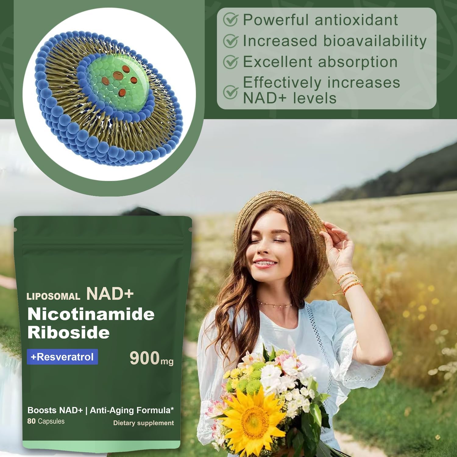 Liposomal NAD Supplement with NAD Nicotinamide Riboside Resveratrol 900 MG, Boost NAD+ for Cellular Health, Anti-Aging, Energy, Focus - 80 Capsules - Image 4