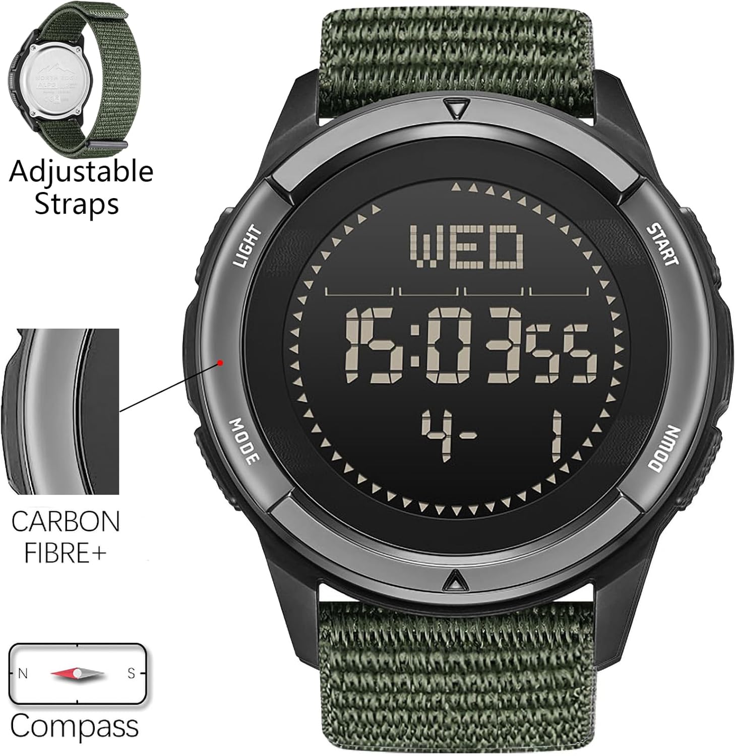DIDITIME Tactical Watches for Men, Military Watches for Men, Waterproof 164FT, Fitness Watch, Mens Digital Watches with Compass, Metronome, Pedometer, Lightweight Breathable Nylon Watch - Image 3
