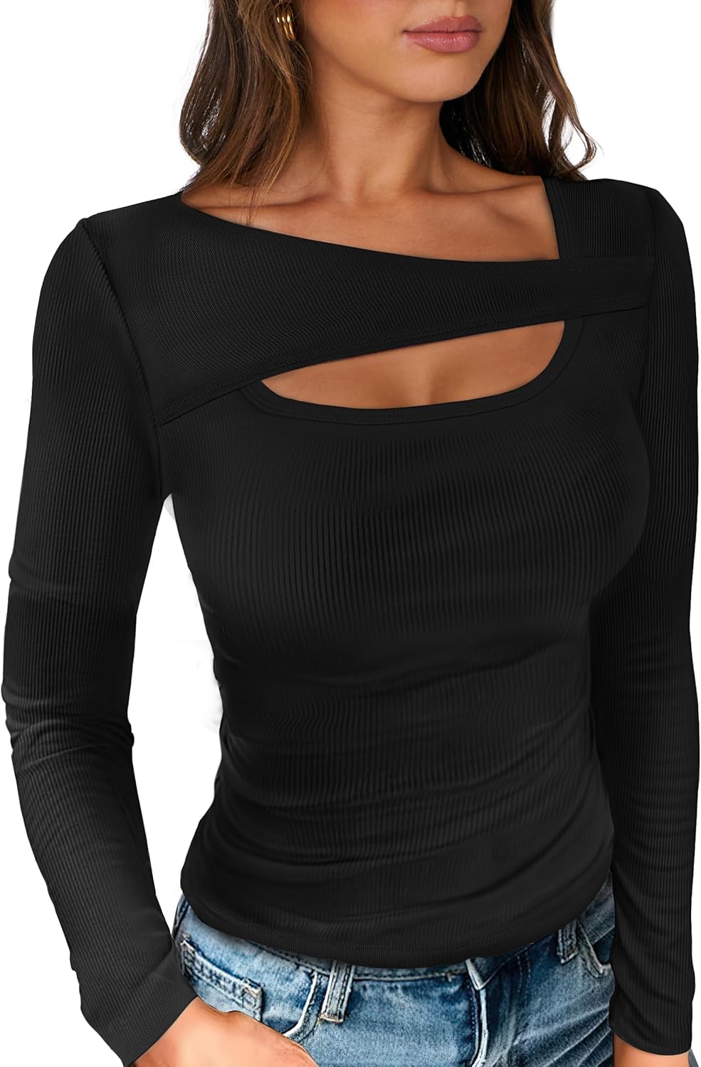 ANRABESS Womens Cutout Tops Trendy Sexy Long Sleeve Shirts Ribbed Slim Fit Tee 2024 Fall Fashion Going Out Tshirts Clothes - Image 2