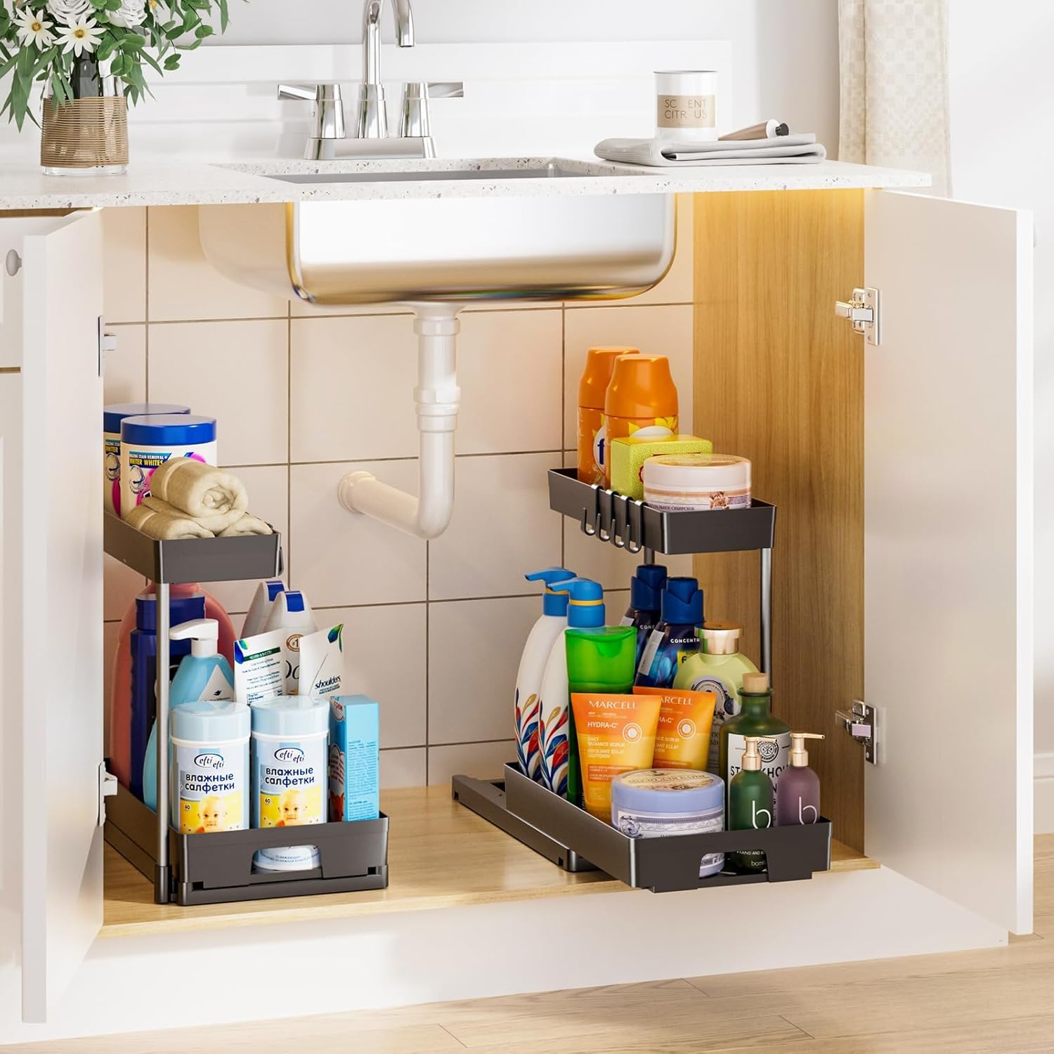 2 Pack Under Sink Organizers and Storage, 2 Tier L-Shape Pull Out Under Cabinet Organizer, Black Under Bathroom Kitchen Sink Organizer with Drawer for Under Counter Storage Organizer - Image 3