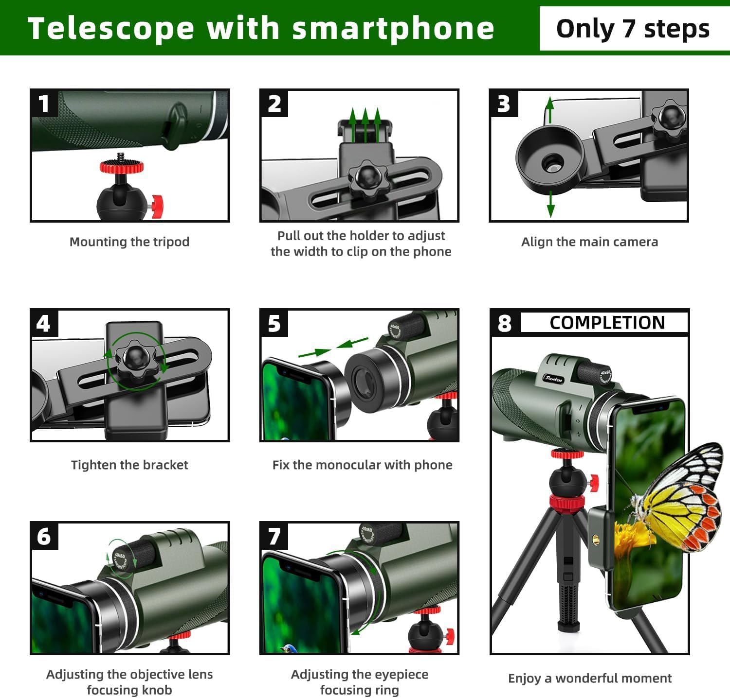 40X60 Monocular Telescope with Smartphone Holder& Tripod, High Power Nitrogen-Filled Monocular for Adults with BAK4 Prism & FMC Lens, HD Monocular Scope for Birdwatching Hiking Concert Travelling - Image 6