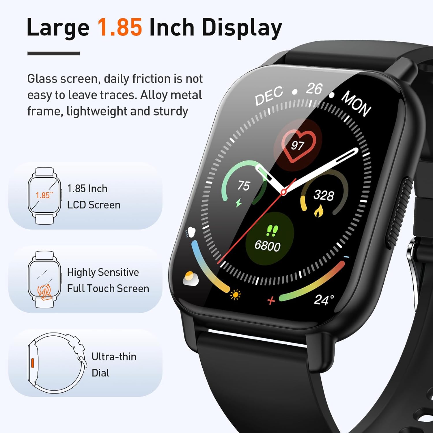 Smart Watch for Men Women, 1.85" HD Screen Smartwatch (Answer/Make Call) Heart Rate Sleep Monitor Pedometer, 110+ Sports Mode Fitness Watch, IP68 Waterproof Fitness Tracker for Android iOS, Deep Black - Image 4