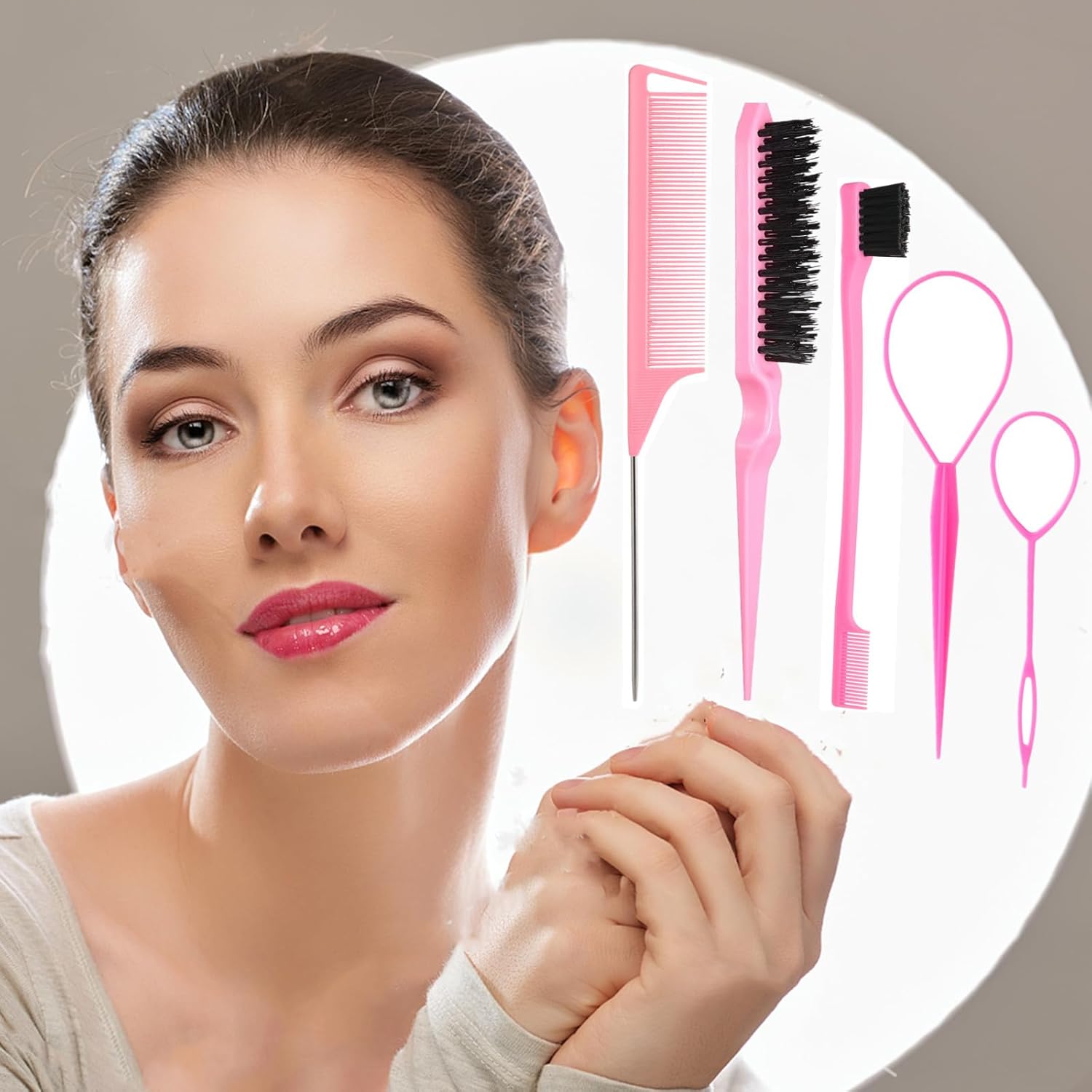 5Pcs Slick Back Brush Set with Topsy Tail Tool, Teasing Bristle, Rat Comb for Women & Girls Hair Styling, Flyaways Control and Edge Combing - Pink - Image 3