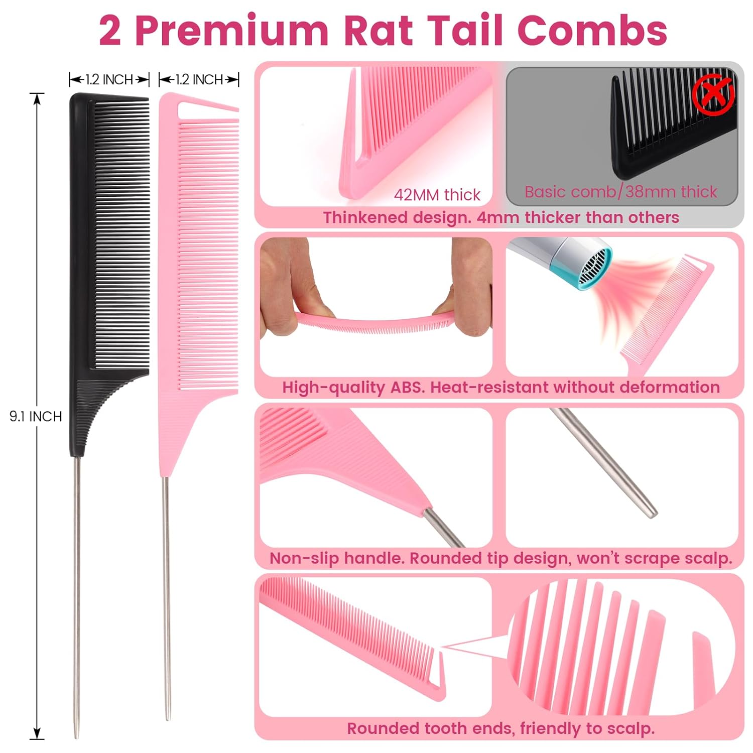 6 Pack Hair Styling Comb Set - 2 Slick Back Brushes, 2 Edge Control Brushes & 2 Rat Tail Combs for Parting, Controlling Flyaways & Smoothing Baby Hair (Black & Pink) - Image 4