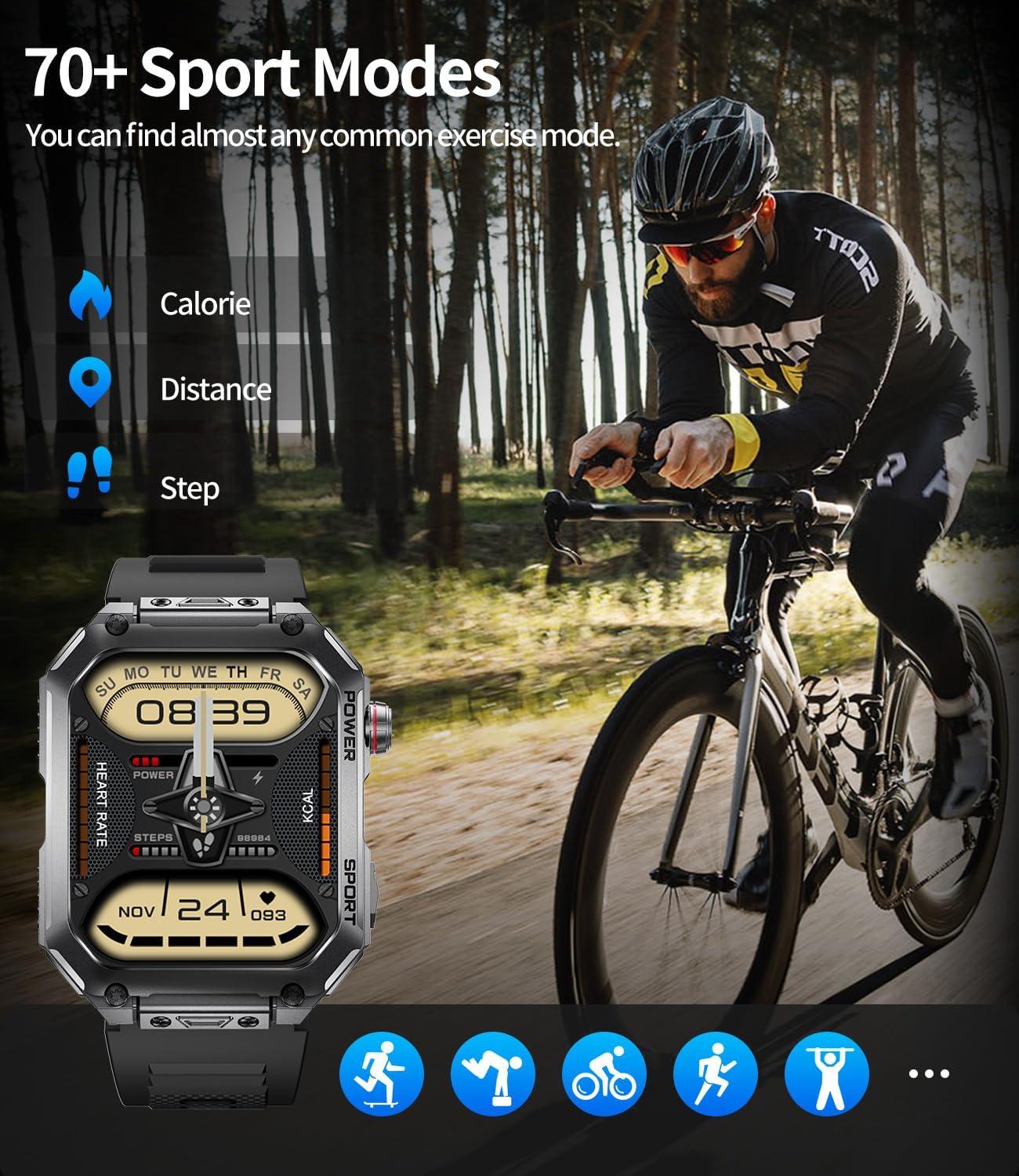 LIGE Military Smart Watches for Men, 1.96'' HD Screen with Answer Make Call Smart Watch for iOS Android, Fitness Tracker with Heart Rate/Blood Pressure/Sleep Monitor, 5ATM Waterproof(2 Silione Straps) - Image 4