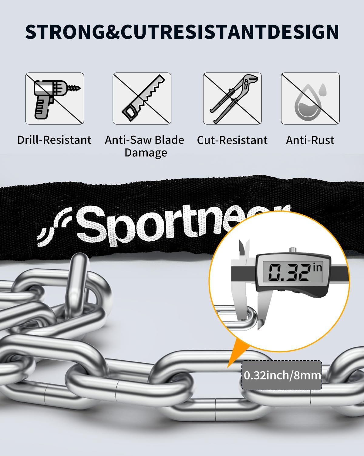 Sportneer Bike Lock: 8mm Thick High Security Anti Theft Bike Chain Lock with 2 Keys- 3.2/4ft Long Heavy Duty Anti-Cut Bicycle Lock for Bike, Motorcycle, Bicycle, Door, Gate, Fence, Grill - Image 3