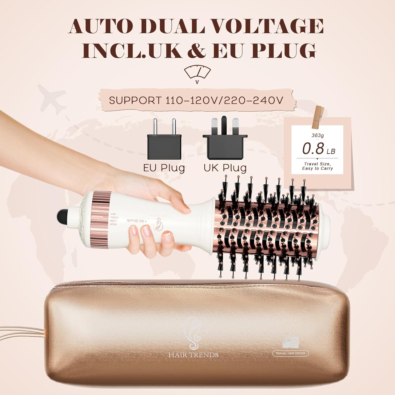 Travel Blow Dryer Brush in one, Dual Voltage Mini Hot Air Brush, Hair Trends Nano Titanium 2 Inch One Step Hair Dryer and Styler Volumizer Oval Shape - Image 3